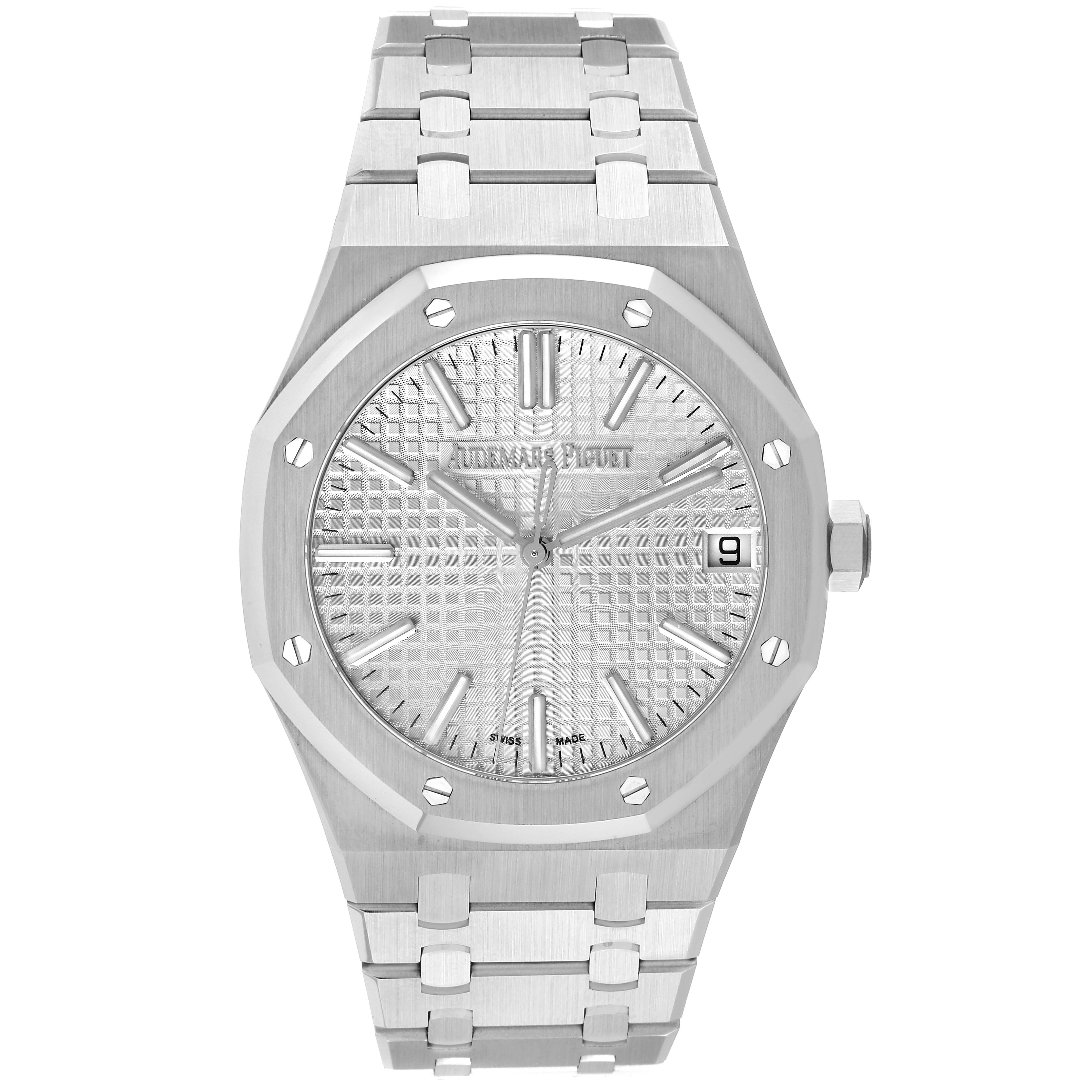 This image shows the front view of an Audemars Piguet Royal Oak 15510ST.OO.1320ST.03 Men's Stainless Steel Silver Dial 15510ST.OO.1320ST.03 Men's Stainless Steel Silver Dial with its face, bezel, and bracelet visible.
