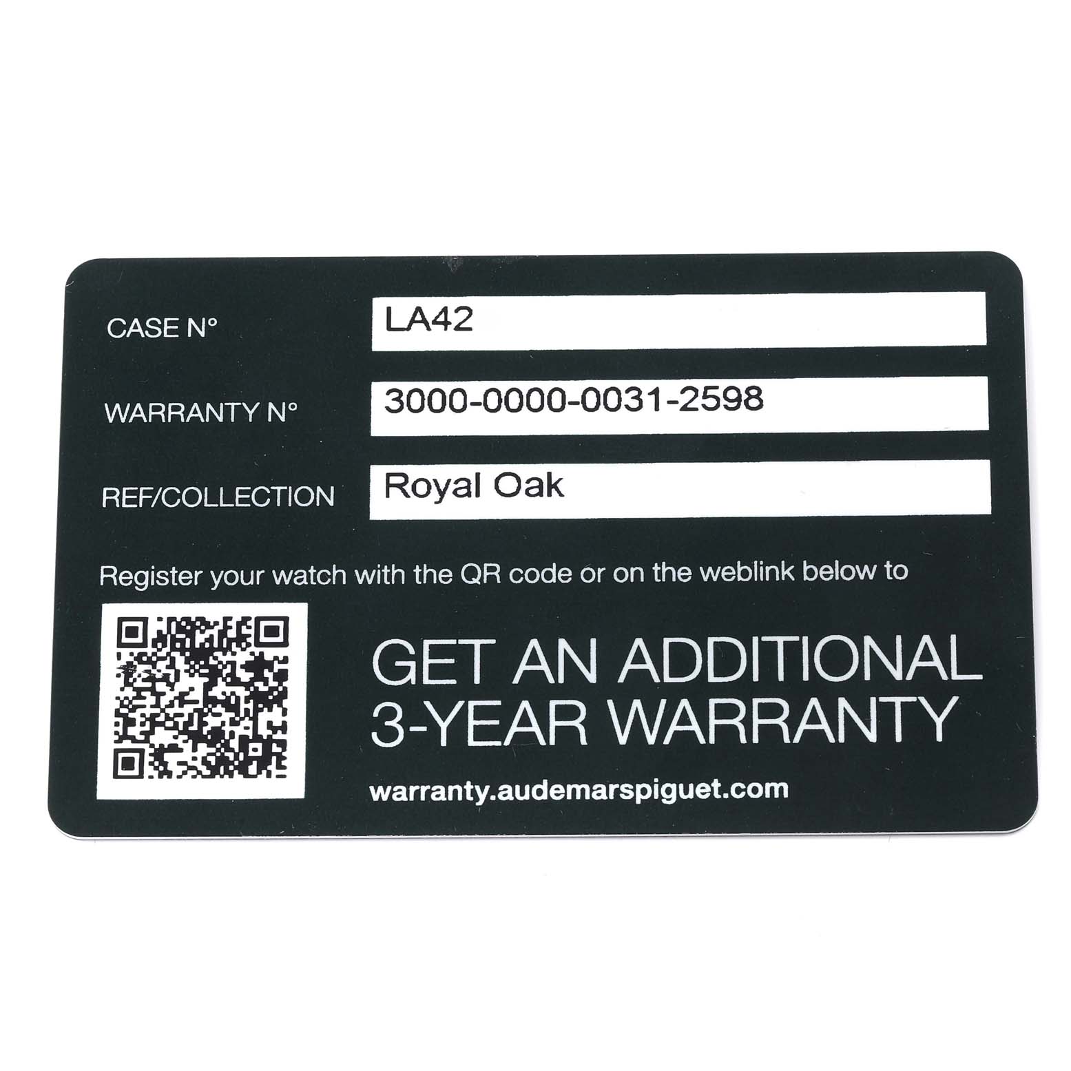 This image shows an Audemars Piguet Royal Oak 15510ST.OO.1320ST.03 Men's Stainless Steel Silver Dial 15510ST.OO.1320ST.03 Men's Stainless Steel Silver Dial model warranty card with codes and registration instructions.