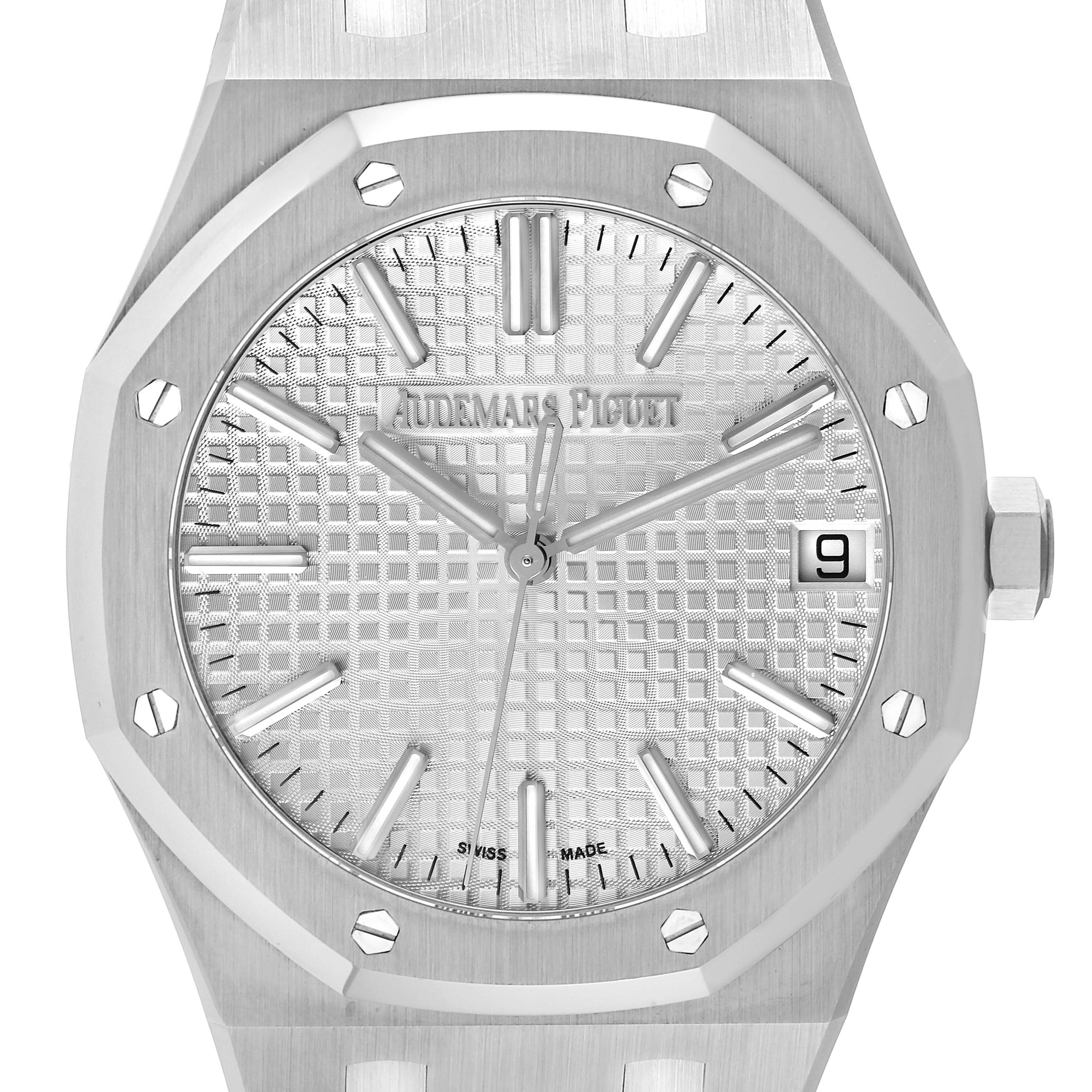 This image shows a close-up, straight-on view of the dial and bezel of the Audemars Piguet Royal Oak 15510ST.OO.1320ST.03 Men's Stainless Steel Silver Dial 15510ST.OO.1320ST.03 Men's Stainless Steel Silver Dial watch.