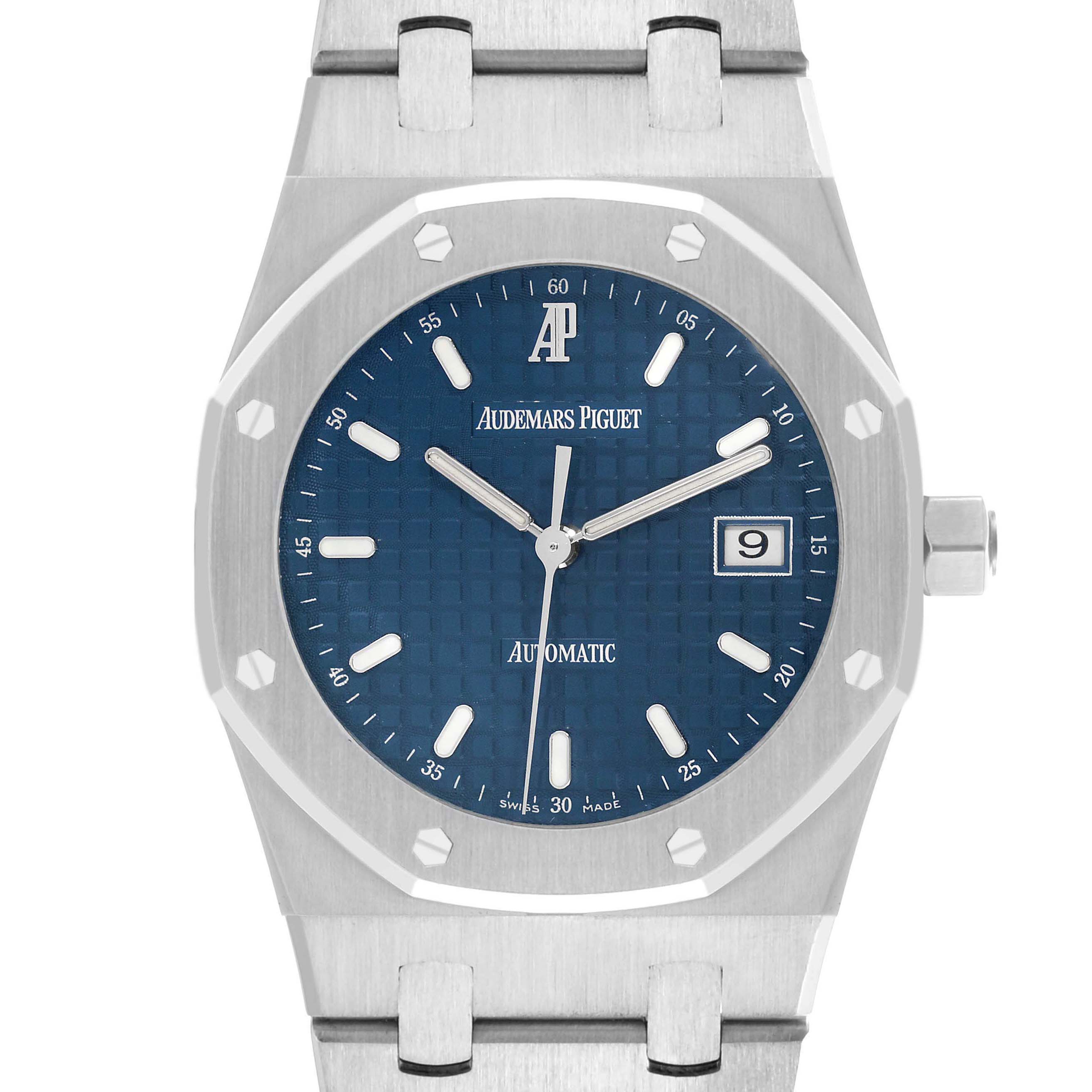 The Audemars Piguet Royal Oak 15000ST.OO.0789ST.05 Men
s Stainless Steel Blue Dial watch is shown from a front angle, highlighting the blue dial, octagonal bezel, case, and bracelet.