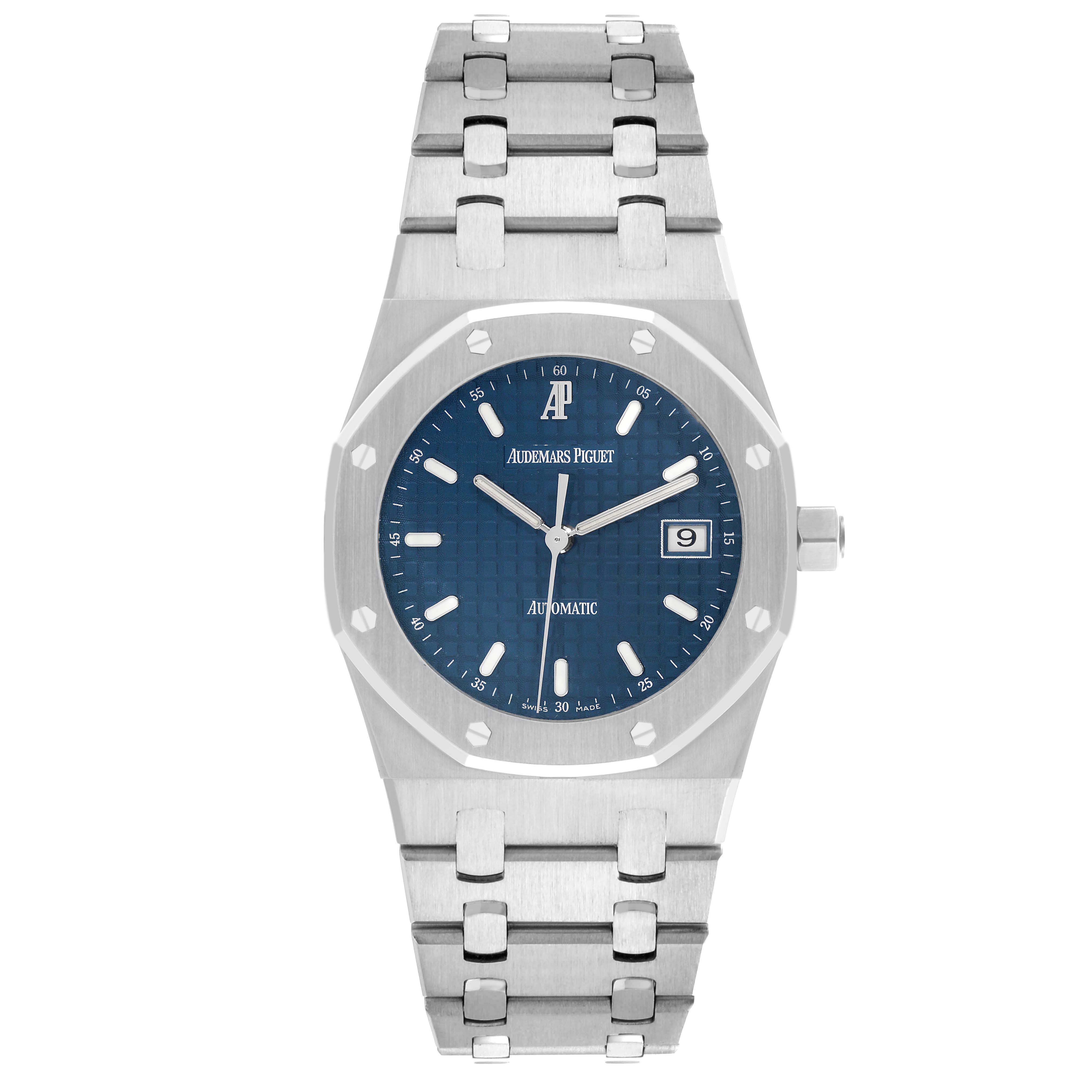 The Audemars Piguet Royal Oak 15000ST.OO.0789ST.05 Men
s Stainless Steel Blue Dial watch is shown from the front, displaying its face, bezel, and bracelet.
