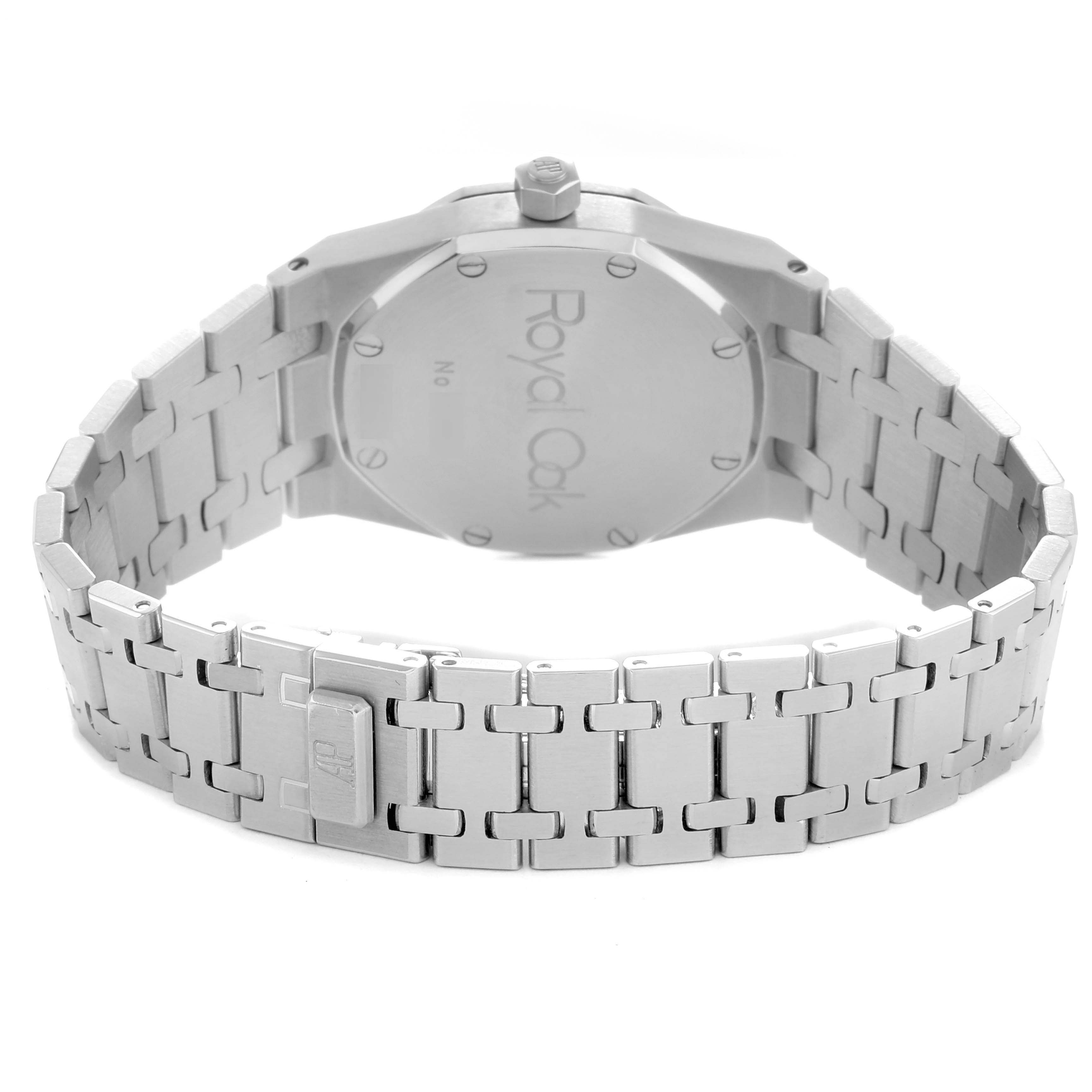 The image shows the back of the Audemars Piguet Royal Oak 15000ST.OO.0789ST.05 Men
s Stainless Steel Blue Dial watch, highlighting the case back and bracelet.