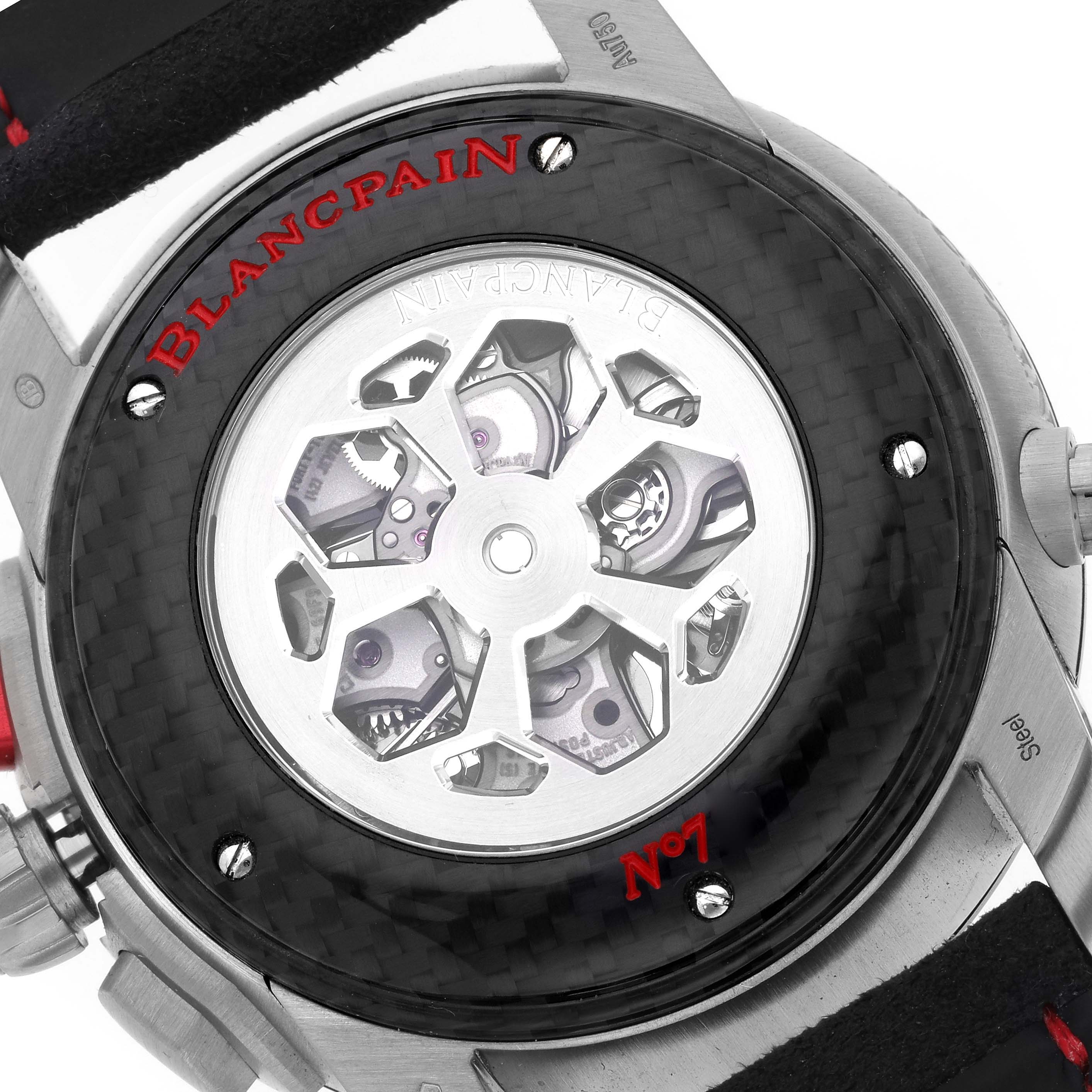 The image shows the back of the Blancpain Fifty Fathoms 8886F-1503-52B Men's White Gold Black Dial 8886F-1503-52B Men's White Gold Black Dial model with visible internal mechanics and branding engravings.