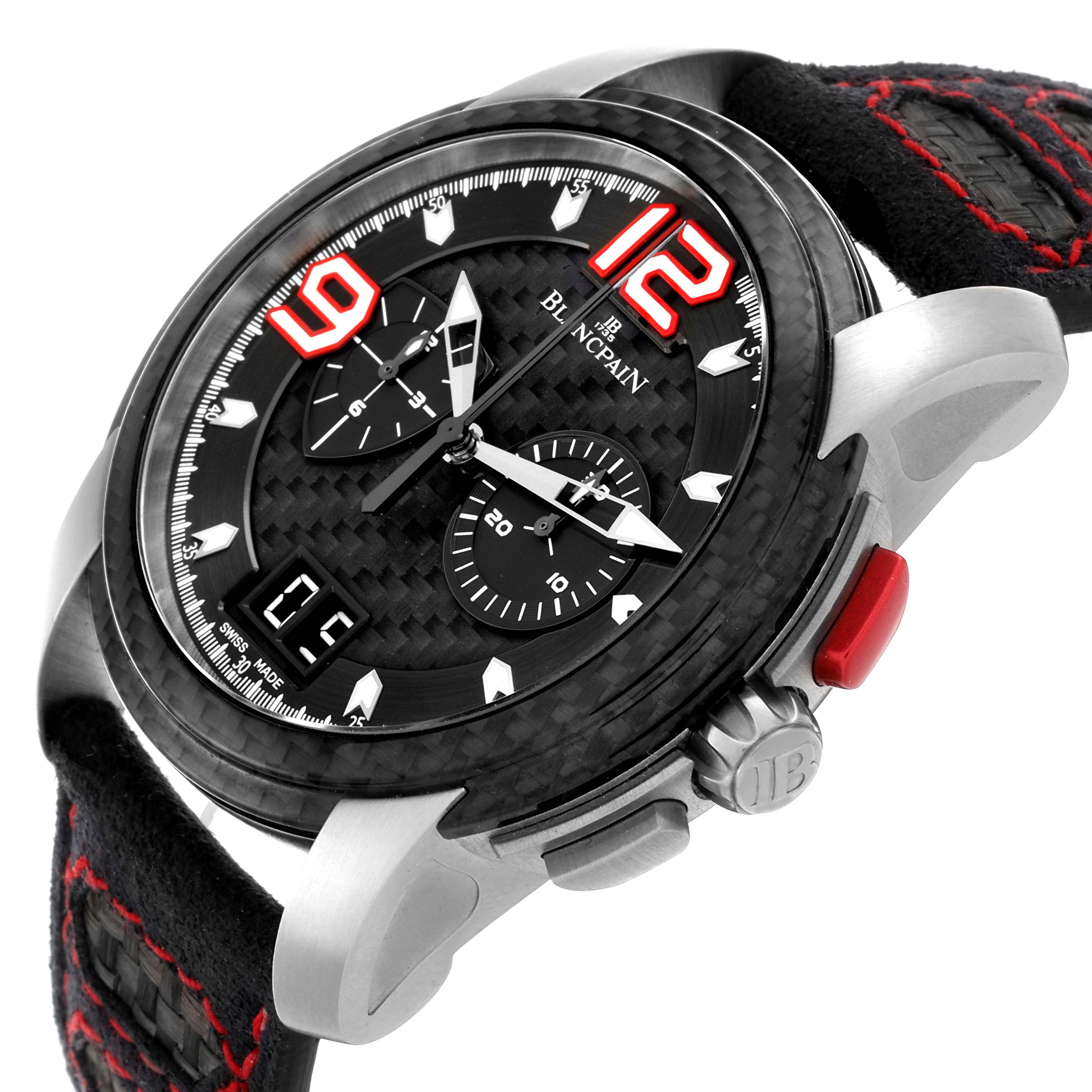 The Blancpain Fifty Fathoms 8886F-1503-52B Men's White Gold Black Dial 8886F-1503-52B Men's White Gold Black Dial watch is shown at an angle highlighting the dial, subdials, case, and strap details.