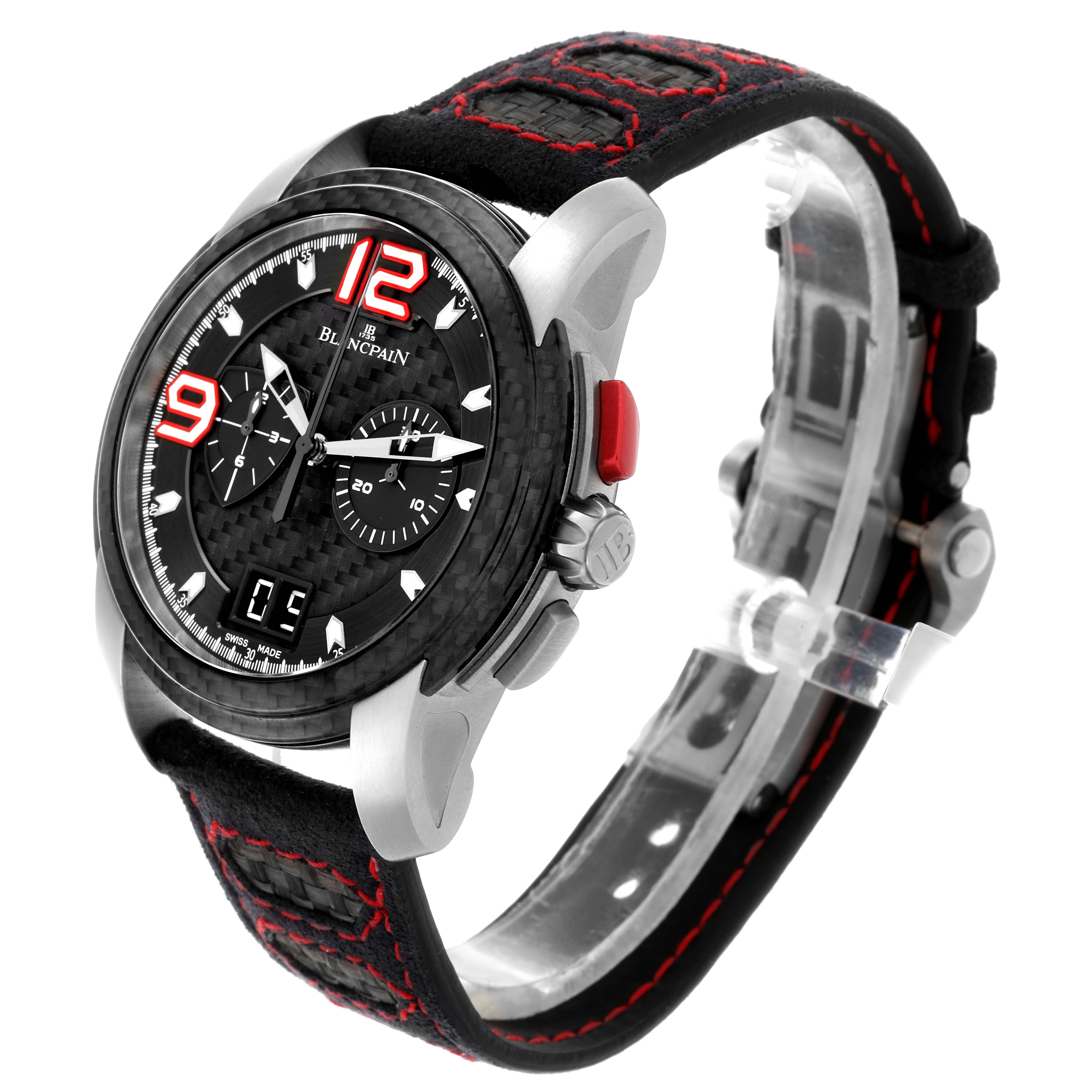 The Blancpain Fifty Fathoms 8886F-1503-52B Men's White Gold Black Dial 8886F-1503-52B Men's White Gold Black Dial watch is shown at an angled top view, highlighting its face and side pushers.