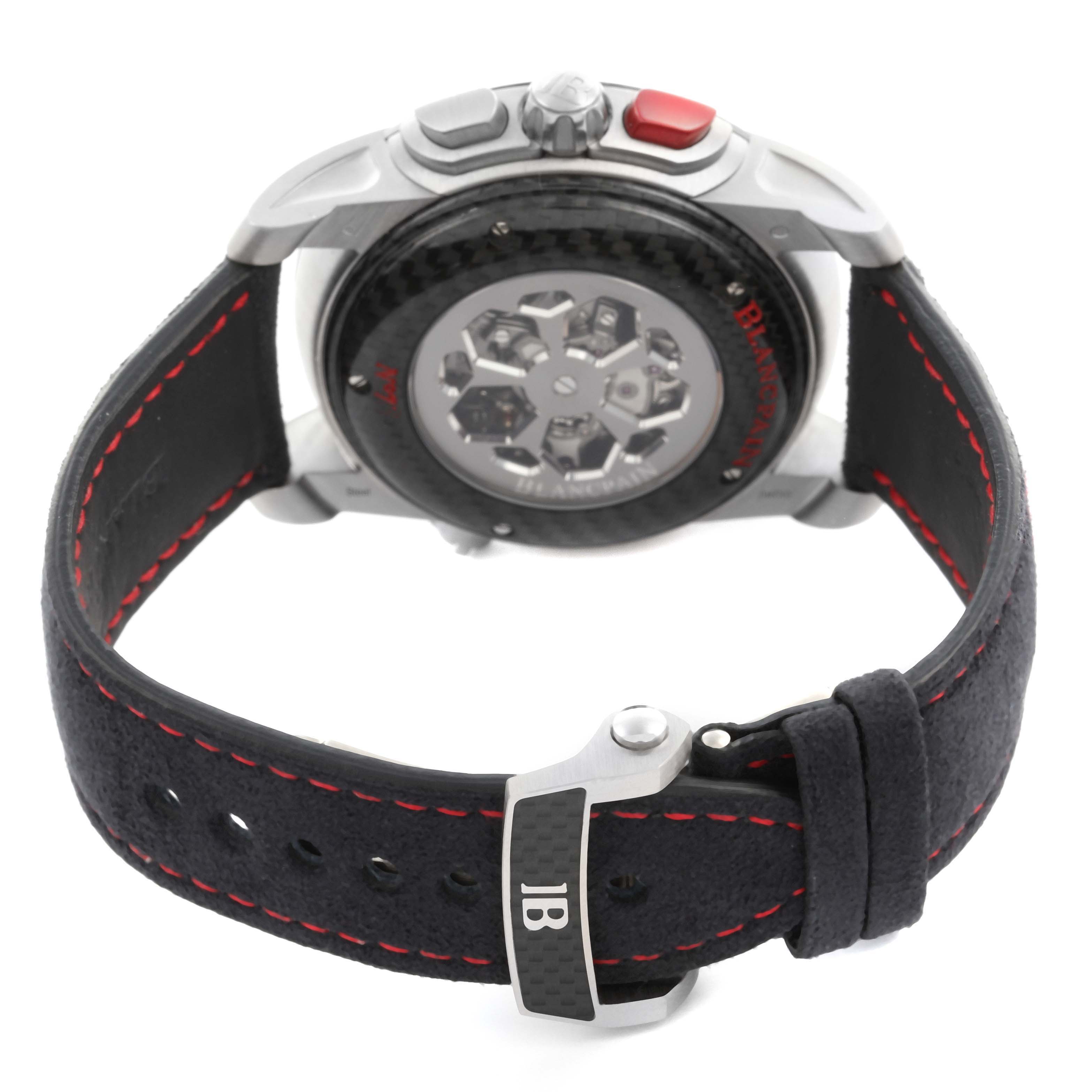 The Blancpain Fifty Fathoms 8886F-1503-52B Men's White Gold Black Dial 8886F-1503-52B Men's White Gold Black Dial watch is shown from the back, highlighting the case, strap, clasp, and buttons.