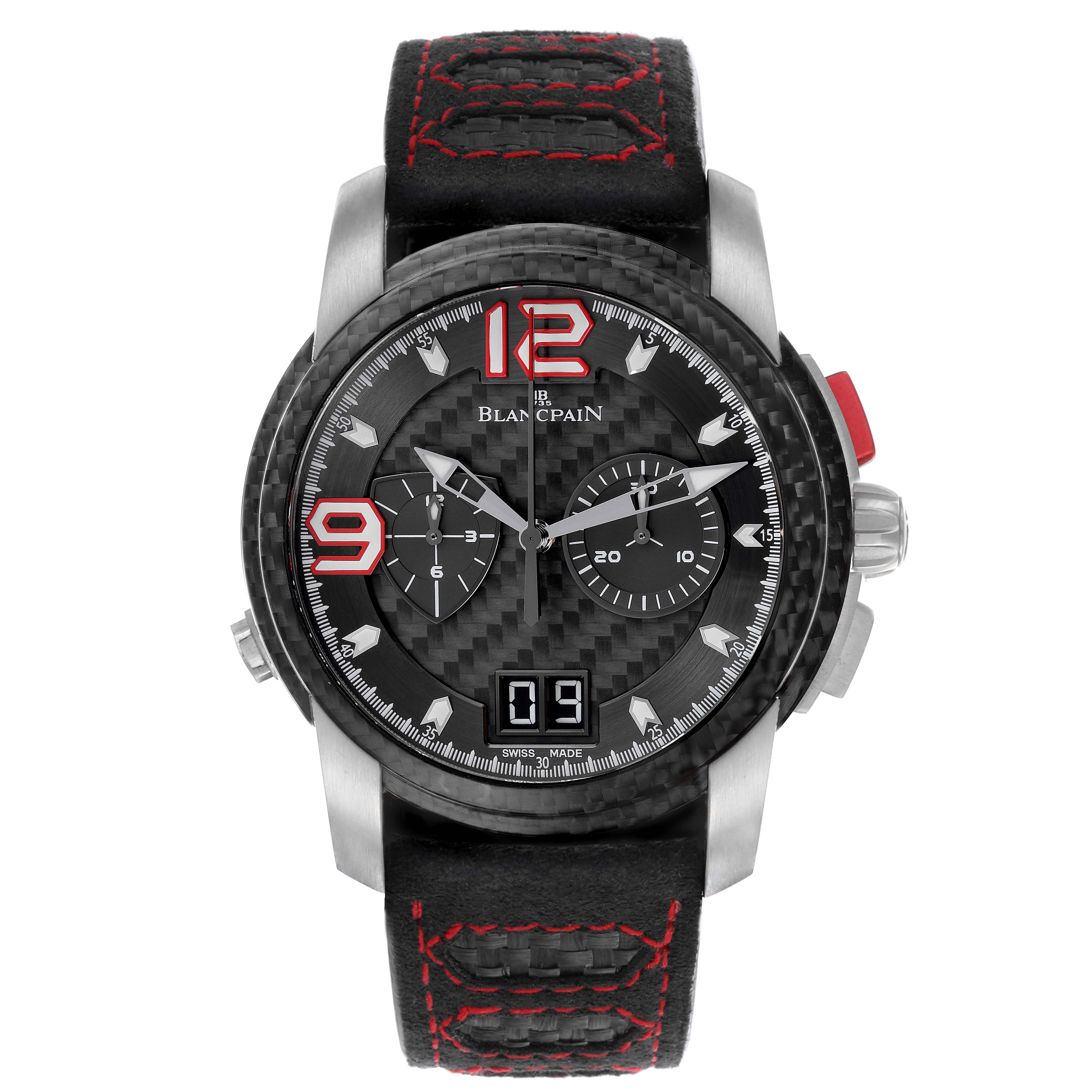 The image shows a front view of the Blancpain Fifty Fathoms 8886F-1503-52B Men's White Gold Black Dial 8886F-1503-52B Men's White Gold Black Dial watch, highlighting its face, bezel, and strap.