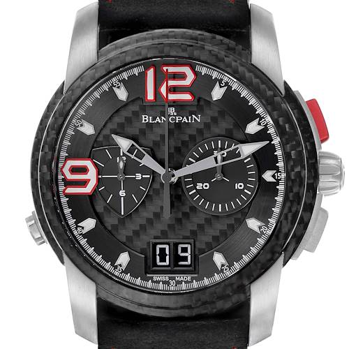 The Blancpain Fifty Fathoms watch is shown from the front, displaying the face, chronograph dials, and strap attachments.