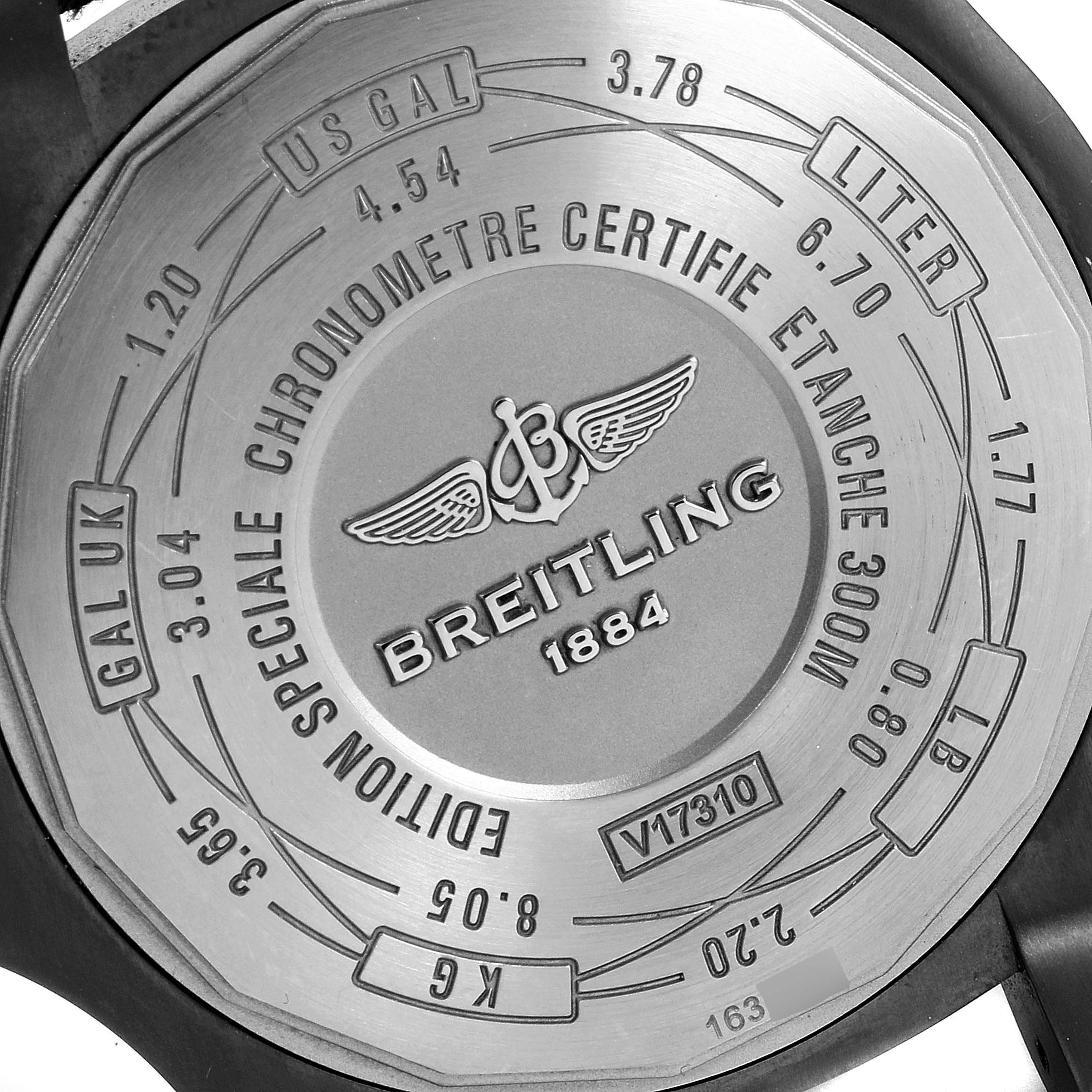 The image shows the back case of a Breitling Chronomat V17310 Men's Titanium Black Dial V17310 Men's Titanium Black Dial watch, displaying various units of measurement and certification details.