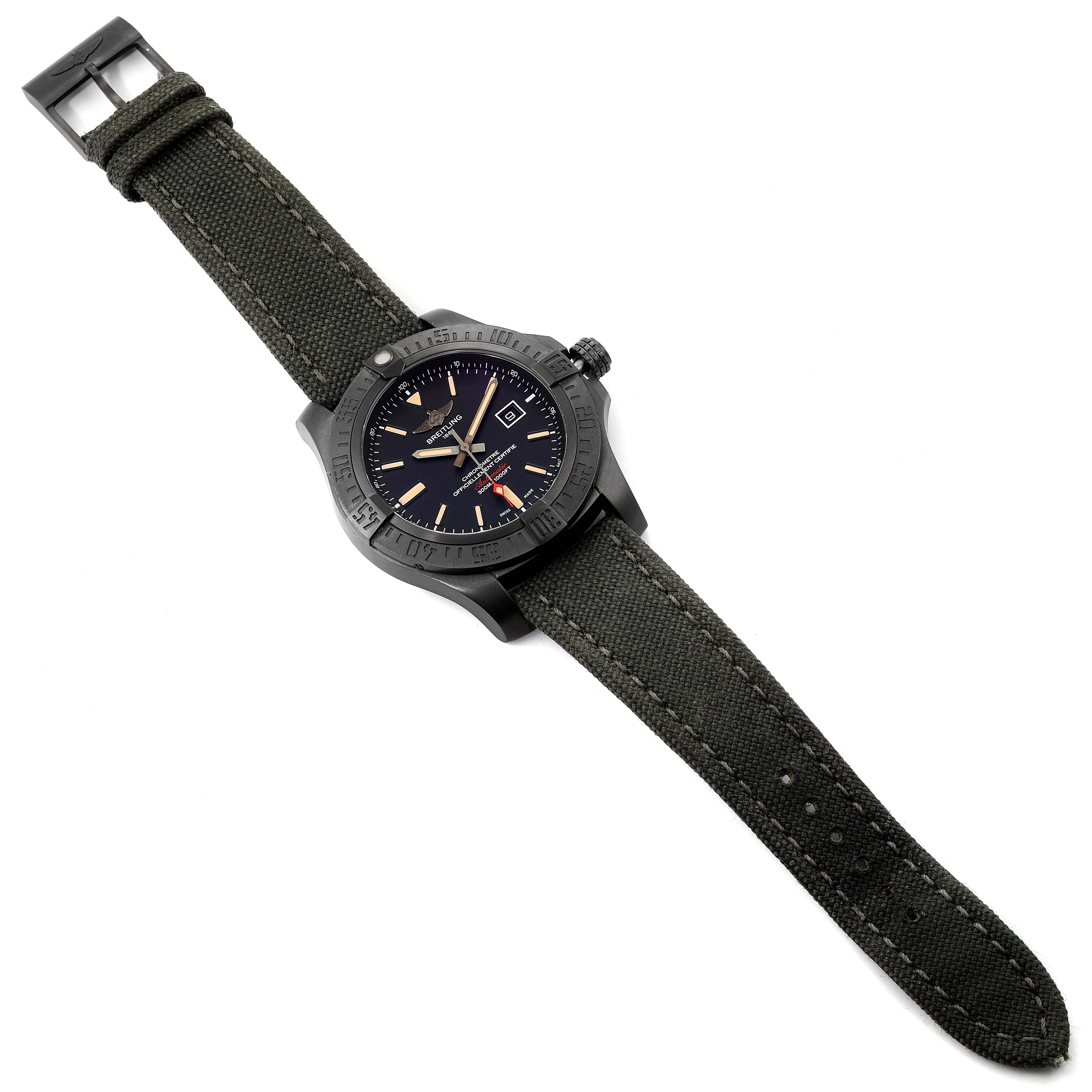 The Breitling Chronomat V17310 Men's Titanium Black Dial V17310 Men's Titanium Black Dial watch is shown from a top-down angle, displaying the dial, bezel, case, and entire strap.