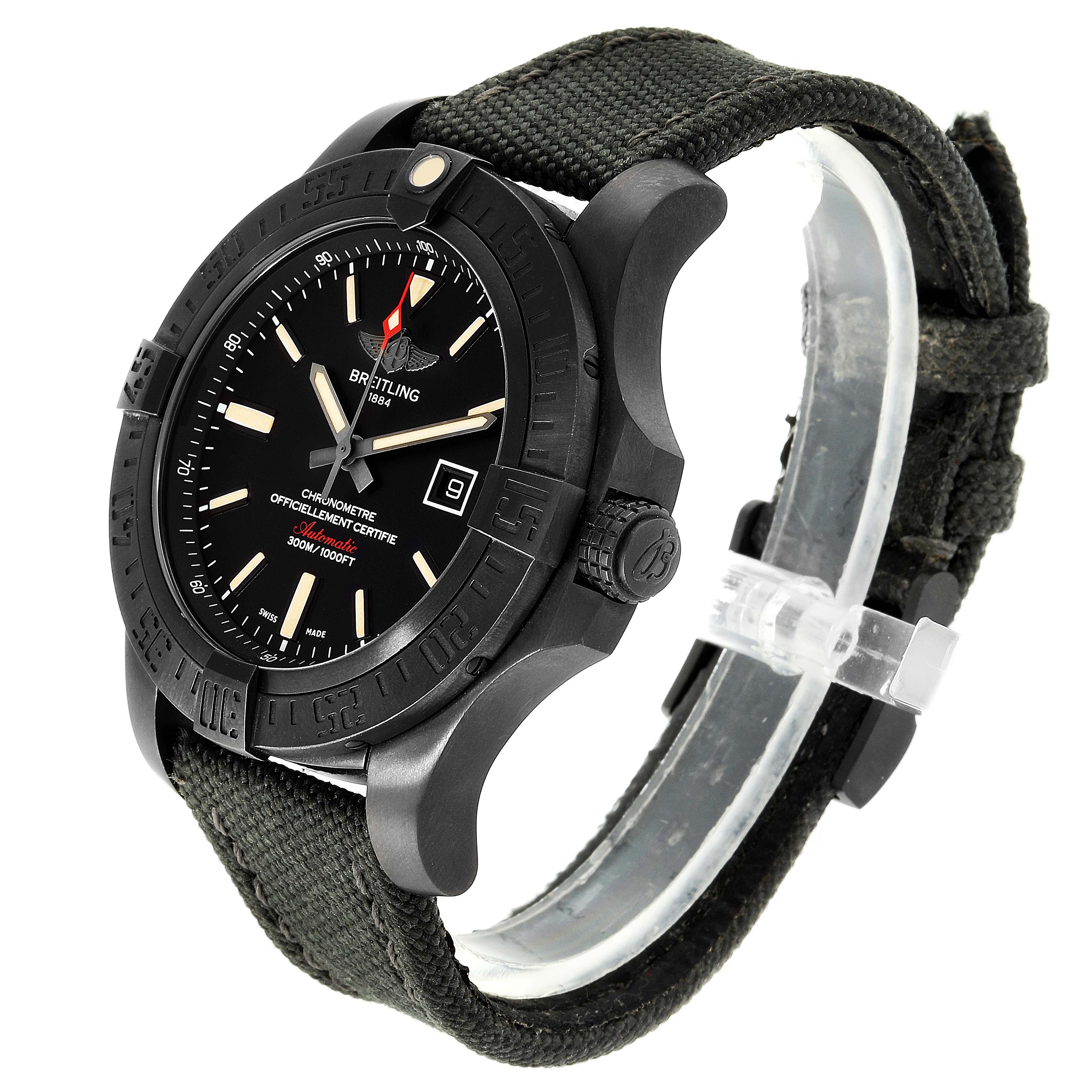 The image shows a side-angle view of a Breitling Chronomat V17310 Men's Titanium Black Dial V17310 Men's Titanium Black Dial watch, displaying its dial, bezel, crown, and fabric strap.