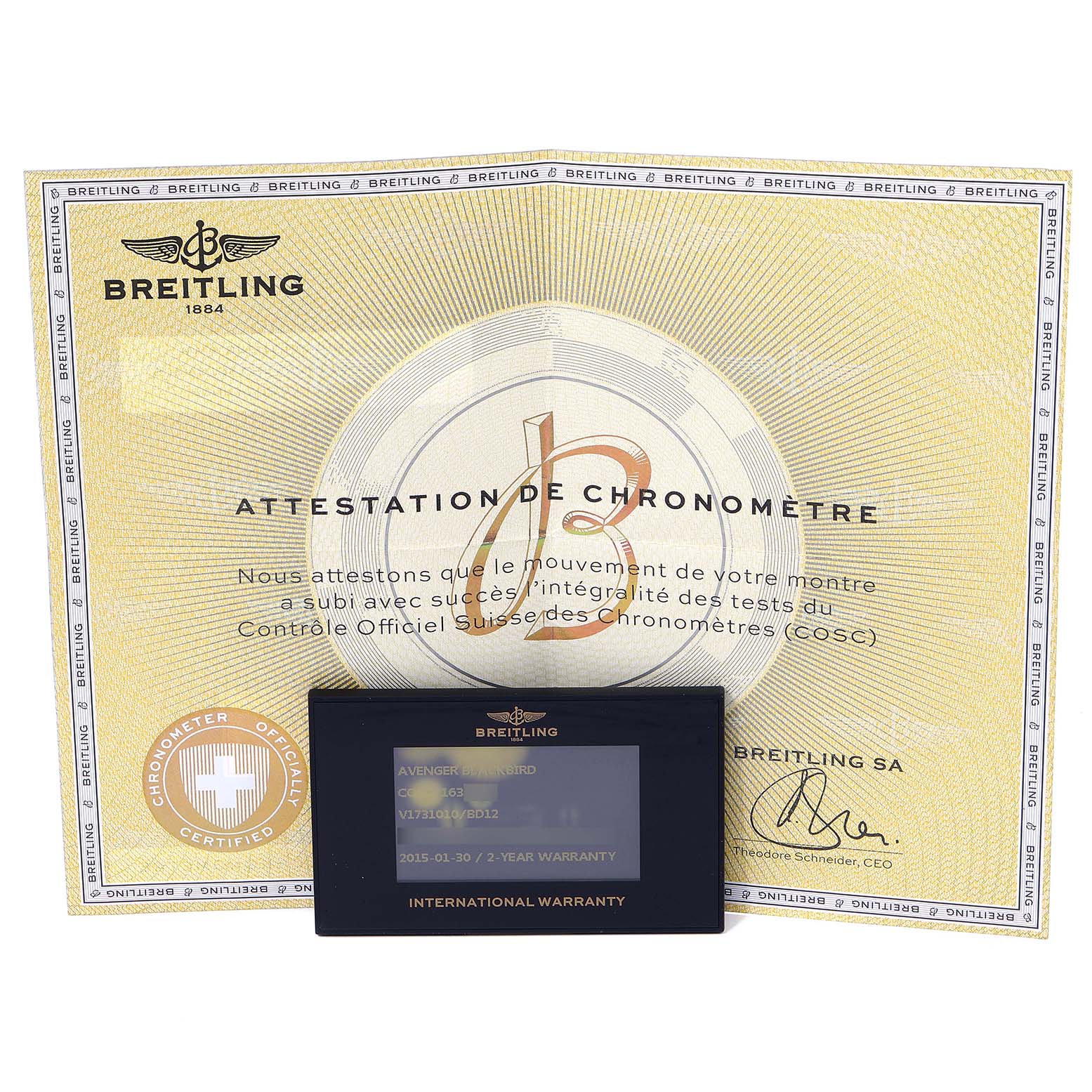 The image shows a Breitling Chronomat V17310 Men's Titanium Black Dial V17310 Men's Titanium Black Dial certificate of chronometer and an international warranty card.