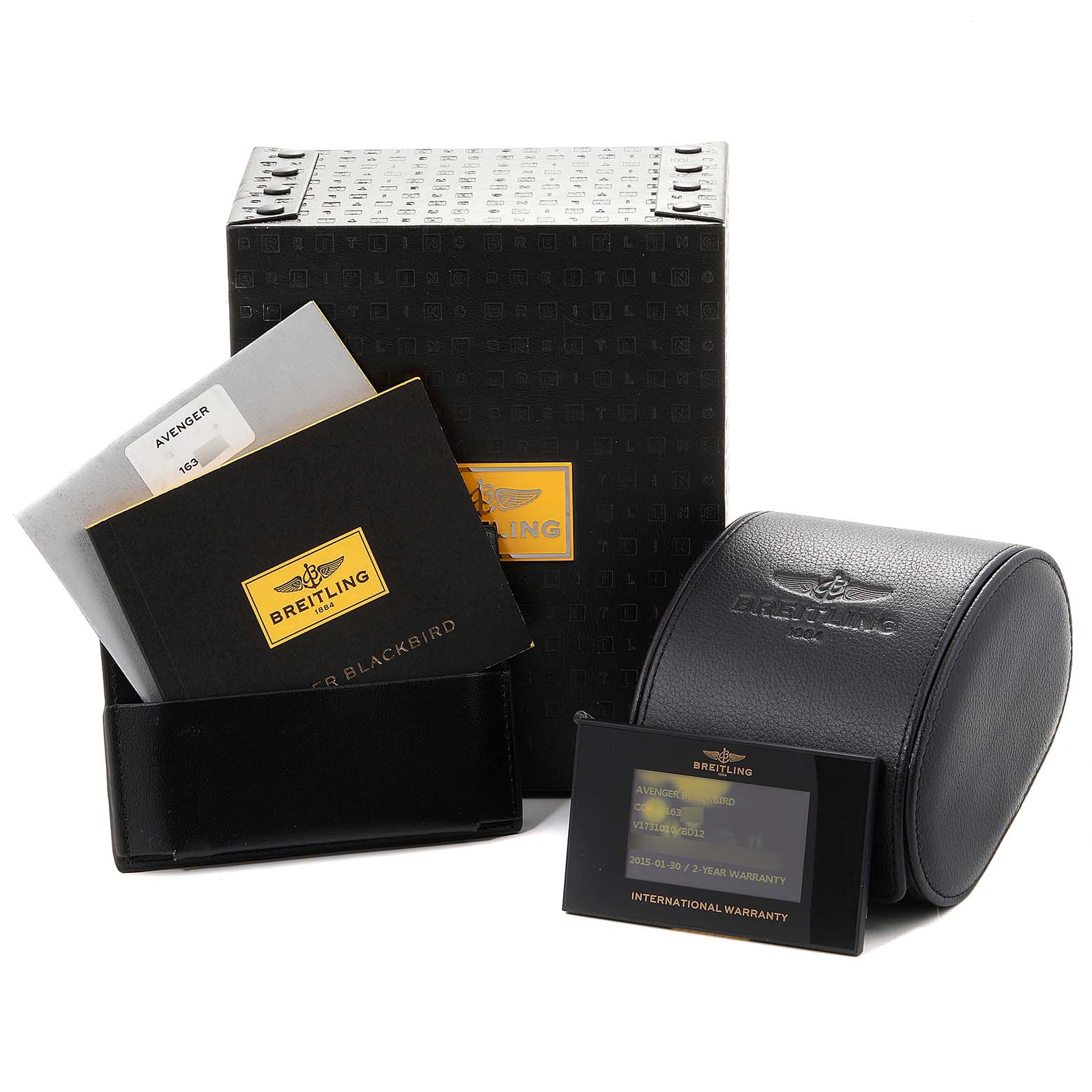 The image shows the Breitling Chronomat V17310 Men's Titanium Black Dial V17310 Men's Titanium Black Dial watch box, warranty card, manuals, and a leather case from a frontal angle.
