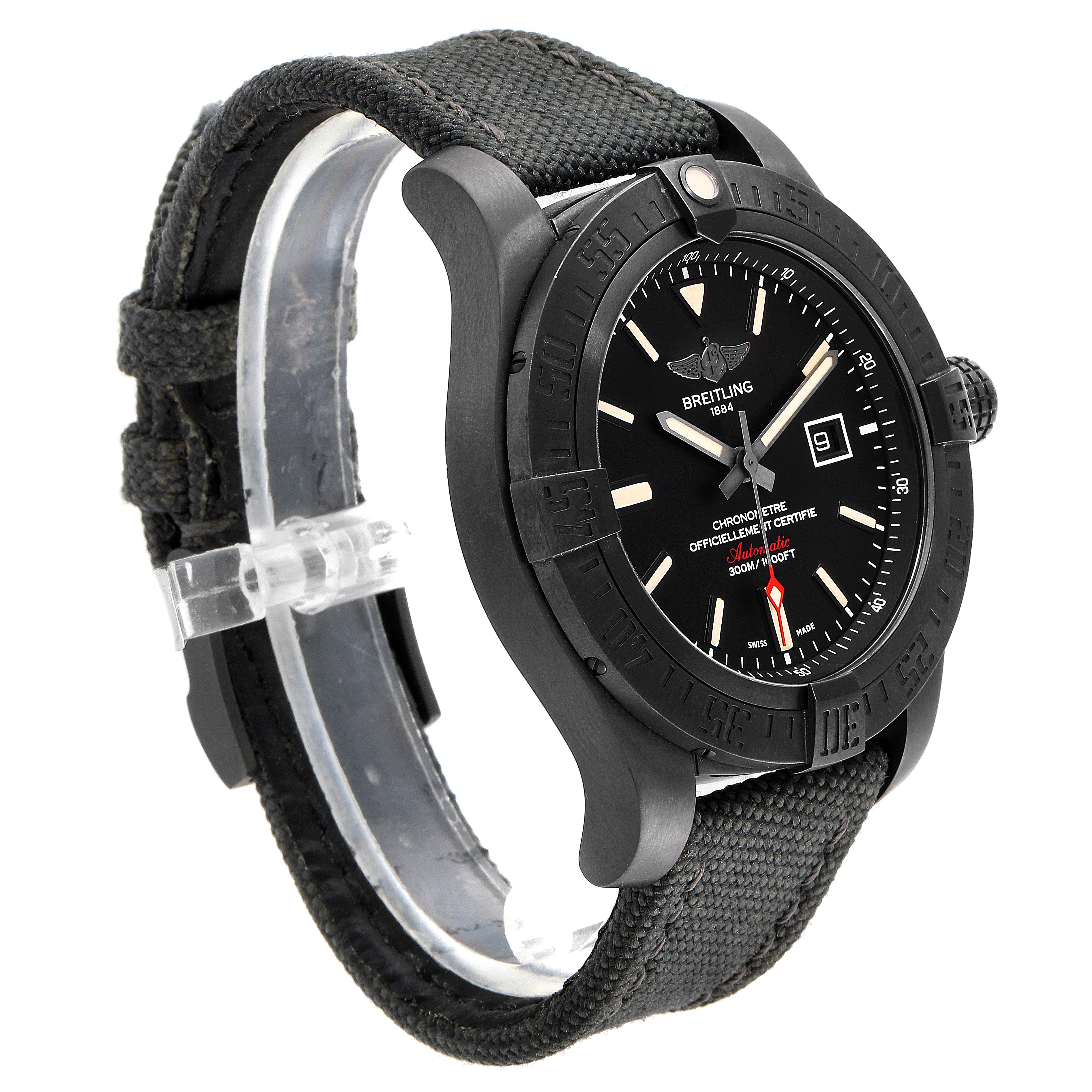 The Breitling Chronomat V17310 Men's Titanium Black Dial V17310 Men's Titanium Black Dial watch is shown at a three-quarter angle, displaying its black dial, bezel, crown, and fabric strap.