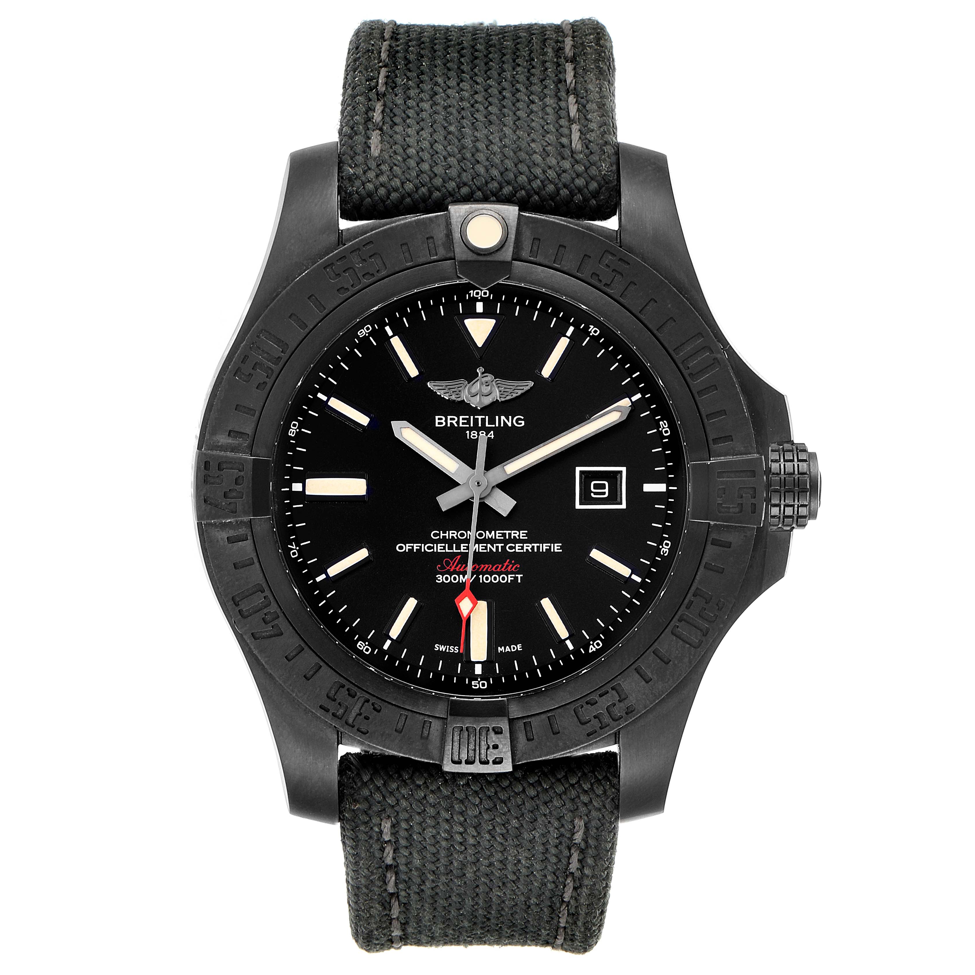 The image shows a Breitling Chronomat V17310 Men's Titanium Black Dial V17310 Men's Titanium Black Dial watch from a top-down angle, displaying the face, bezel, crown, strap, and date window.