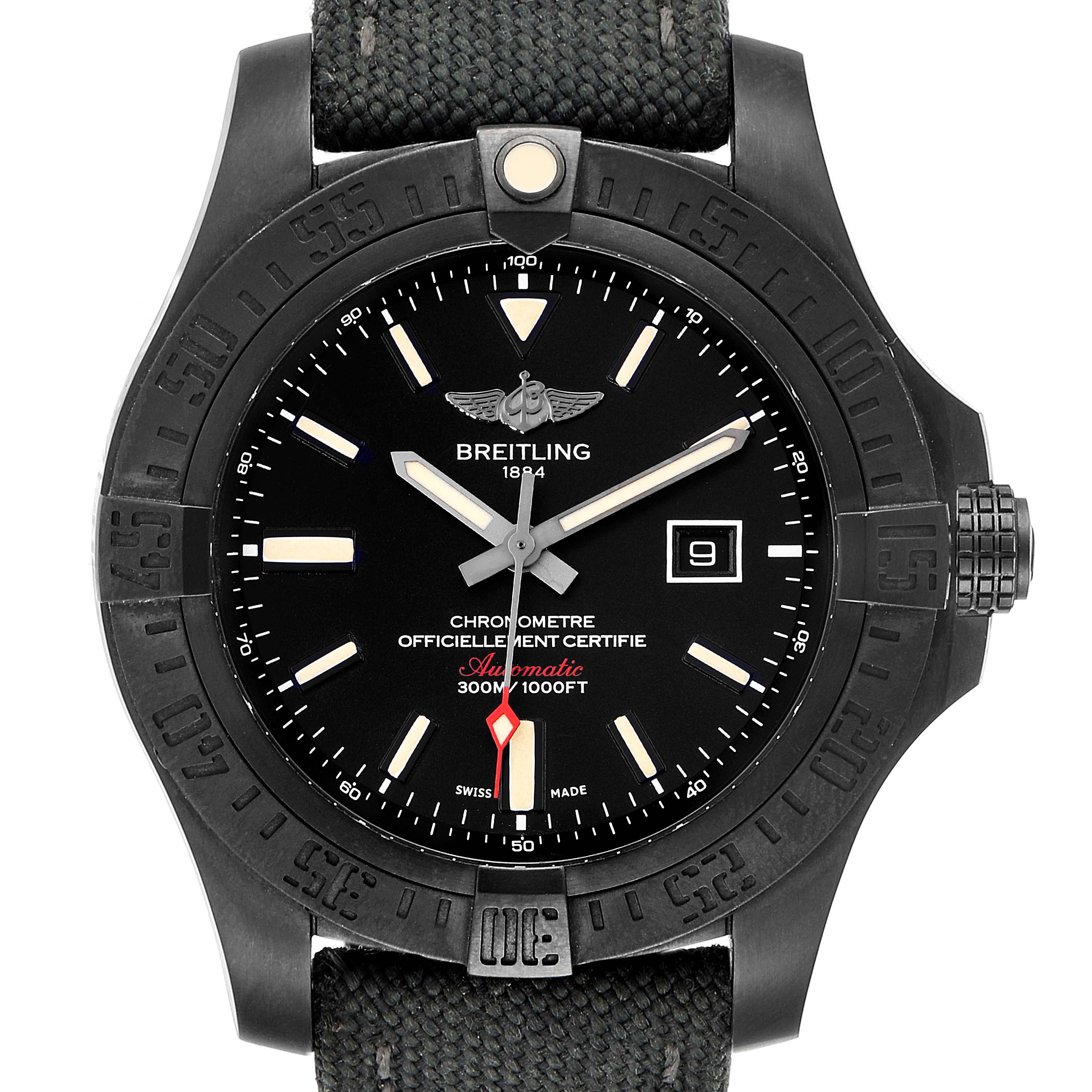 The image shows a front view of the Breitling Chronomat V17310 Men's Titanium Black Dial V17310 Men's Titanium Black Dial watch, highlighting its black dial, bezel, woven strap, and date window.