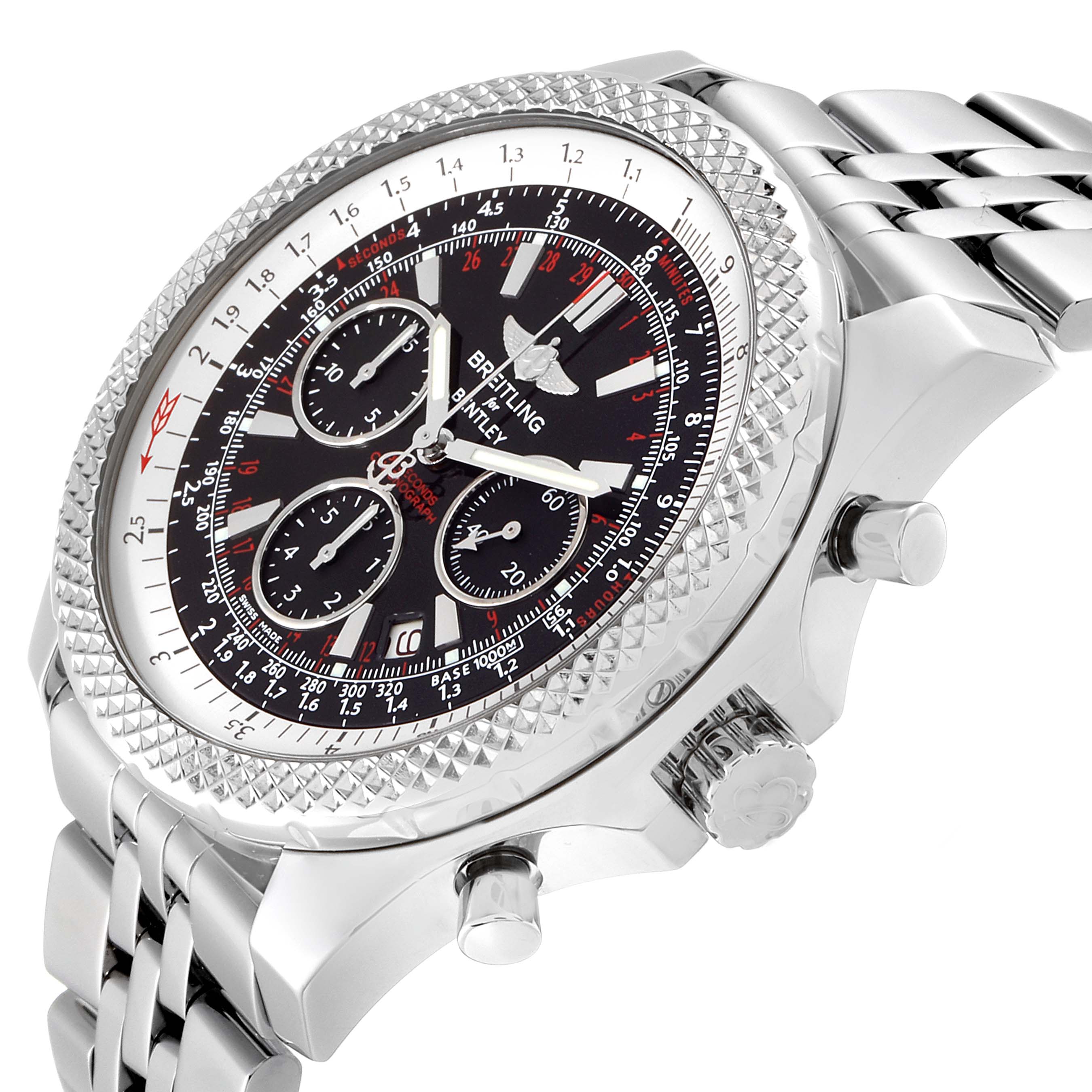 The image shows a side-angle view of the Breitling Bentley A25362 Men's Stainless Steel Red Dial A25362 Men's Stainless Steel Red Dial watch, focusing on its bezel, crown, pushers, and part of the bracelet.