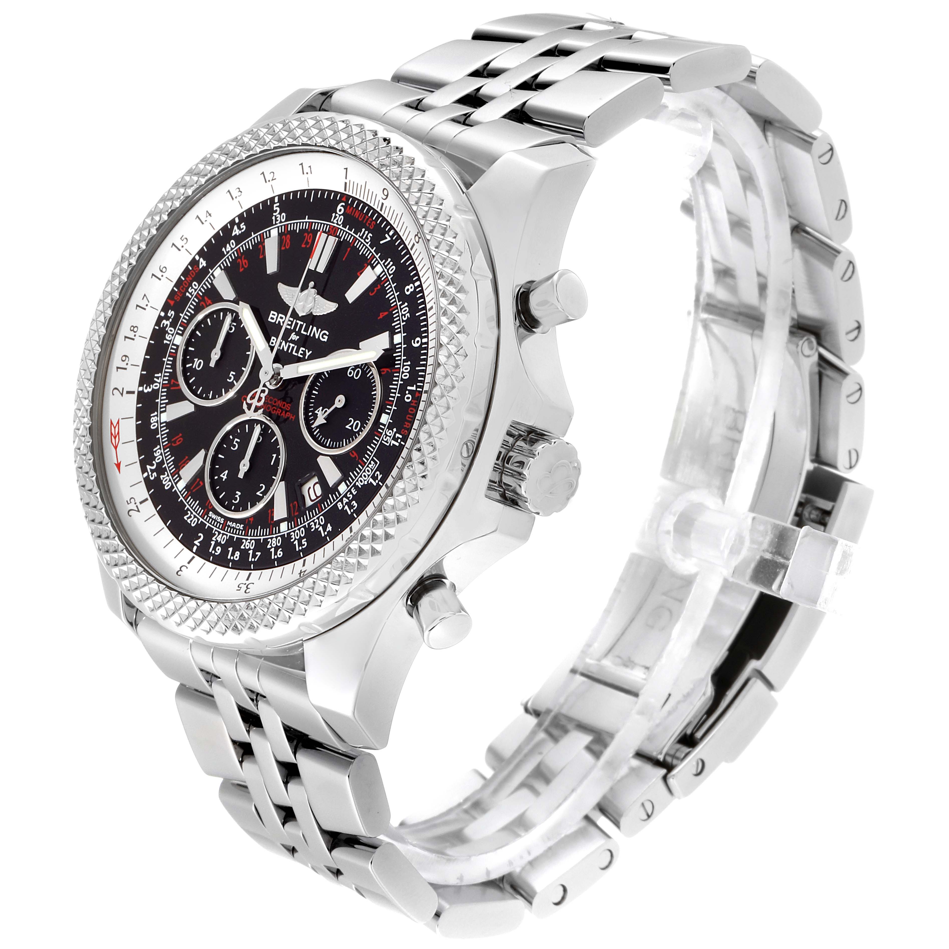 The image shows a side angle of the Breitling Bentley A25362 Men's Stainless Steel Red Dial A25362 Men's Stainless Steel Red Dial watch, highlighting its face, bezel, and metal bracelet.
