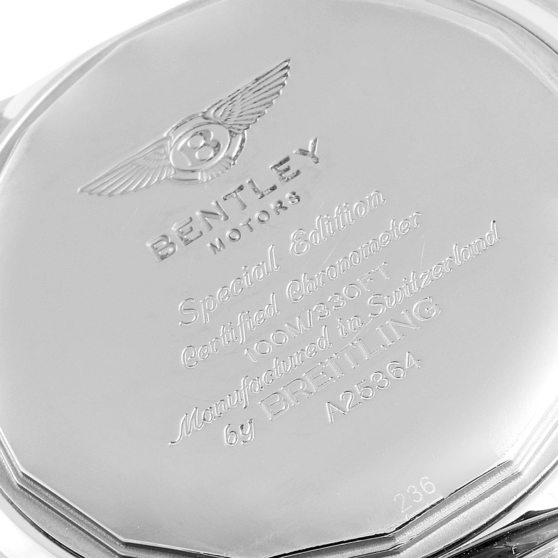 The image shows the engraved case back of a Bentley model watch by Breitling, viewed from a close-up angle.