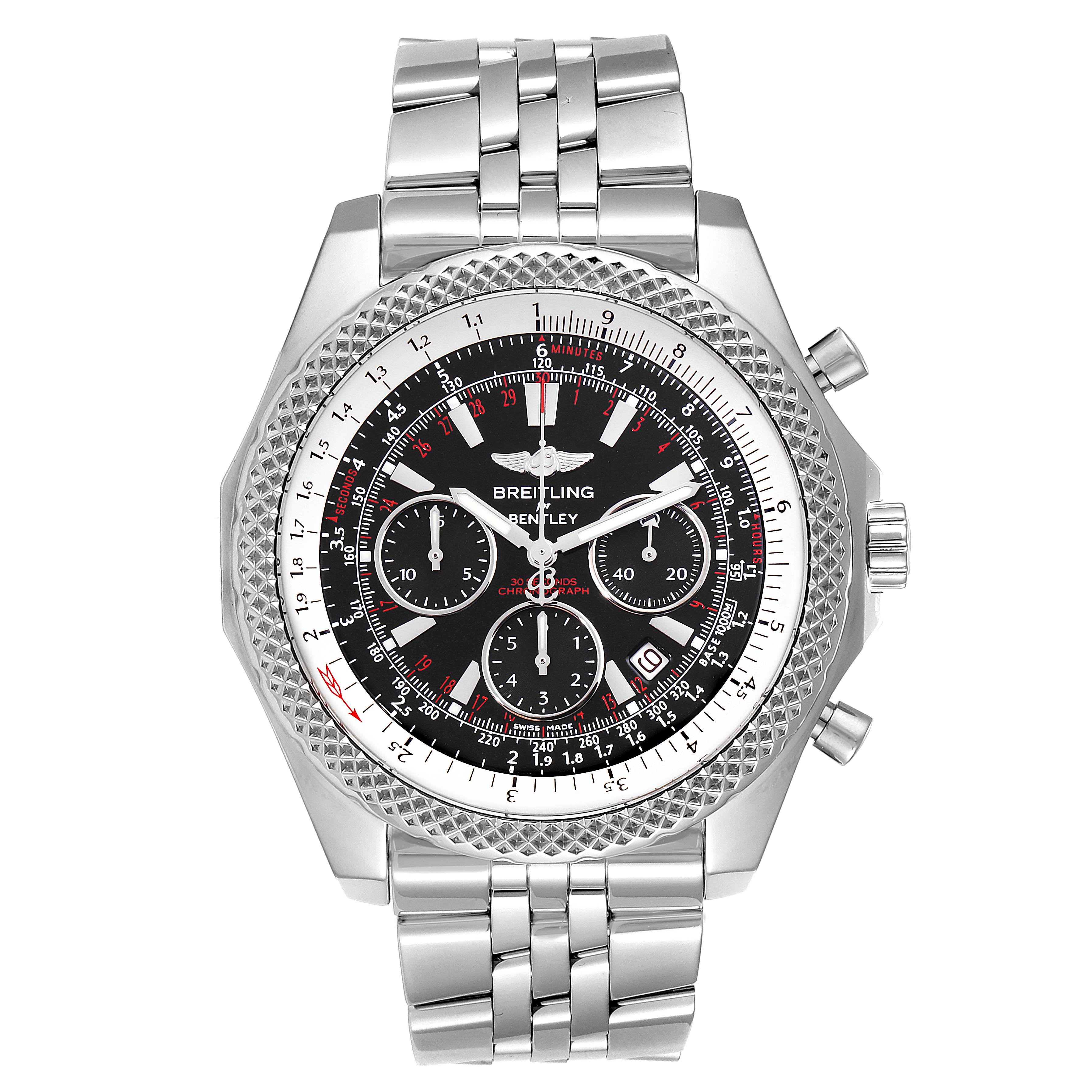 The Breitling Bentley A25362 Men's Stainless Steel Red Dial A25362 Men's Stainless Steel Red Dial watch is shown from a front angle, displaying its face, bezel, and metal bracelet.
