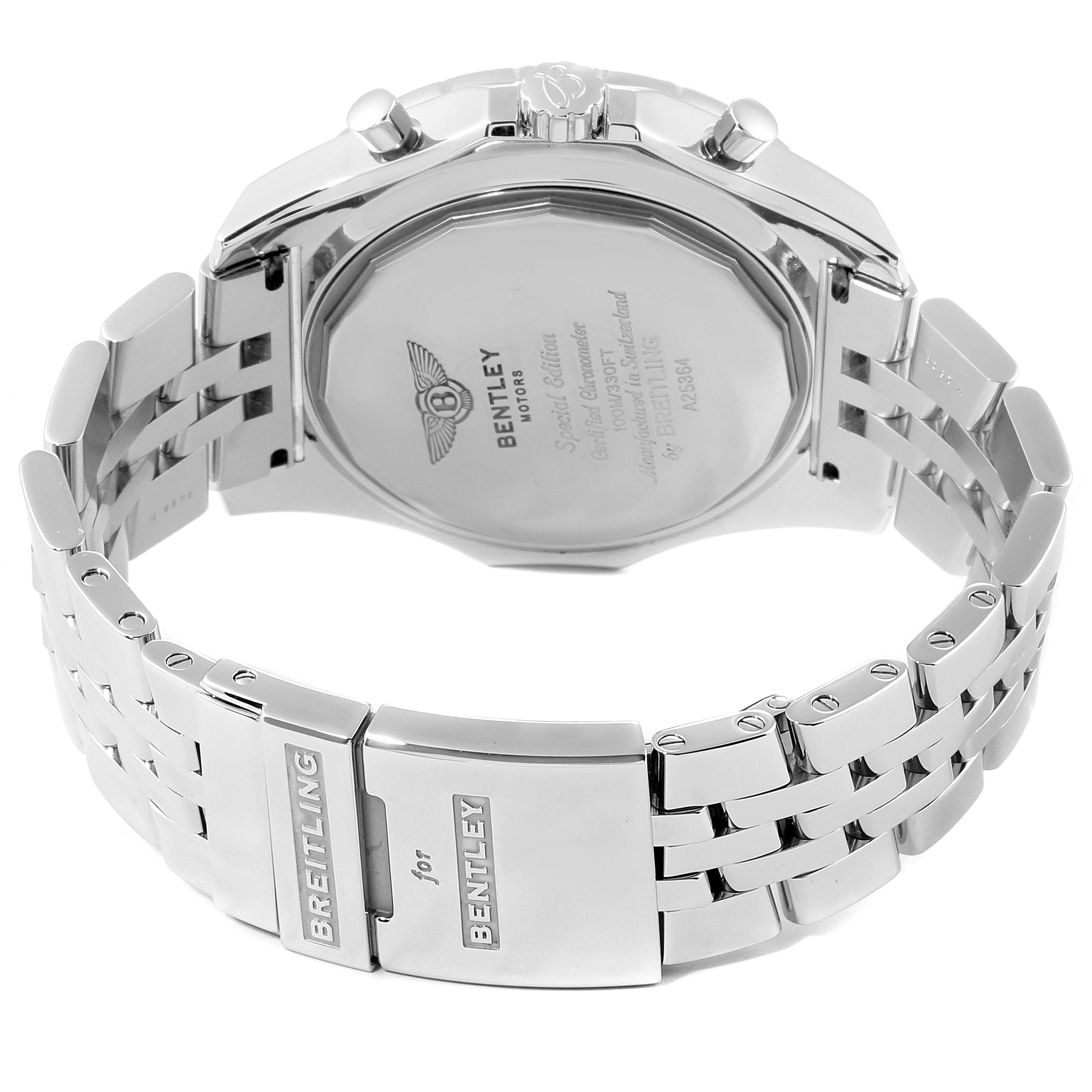 The Bentley model by Breitling is shown from the rear, highlighting the clasp, bracelet, and case back.