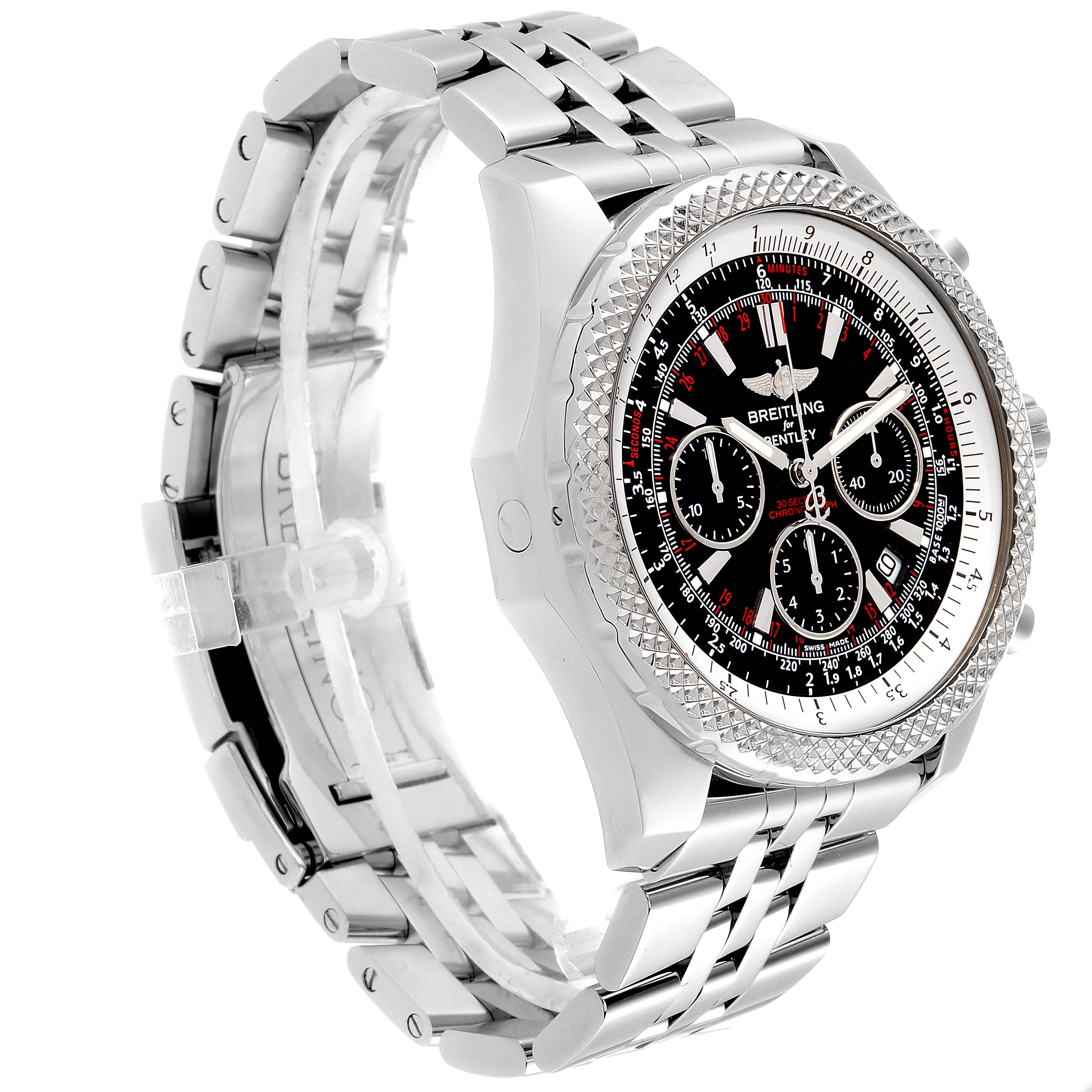 The Bentley model by Breitling is shown at a three-quarter angle, highlighting the face, bezel, and metal bracelet.