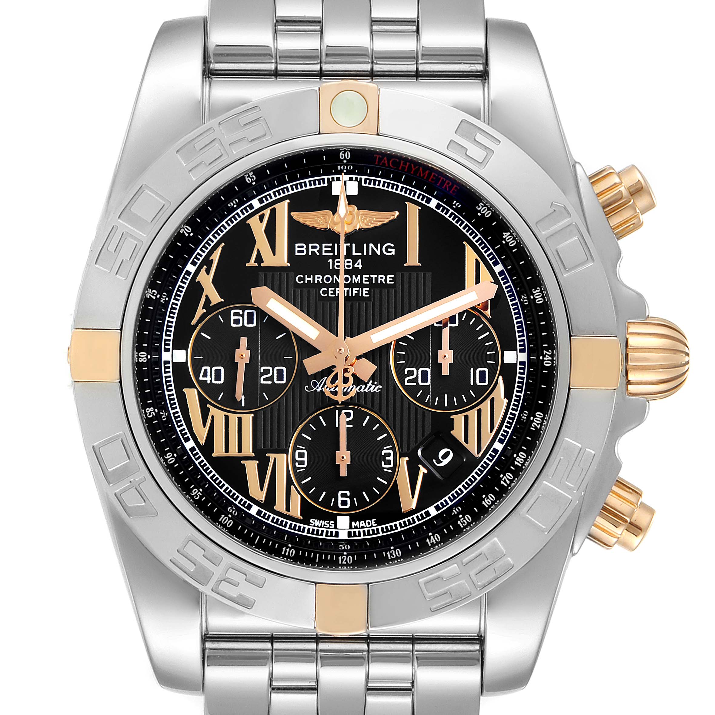 The image shows a frontal view of a Breitling Chronomat IB0110 Men's Stainless Steel Black Dial IB0110 Men's Stainless Steel Black Dial watch, highlighting its dial, bezel, and bracelet.