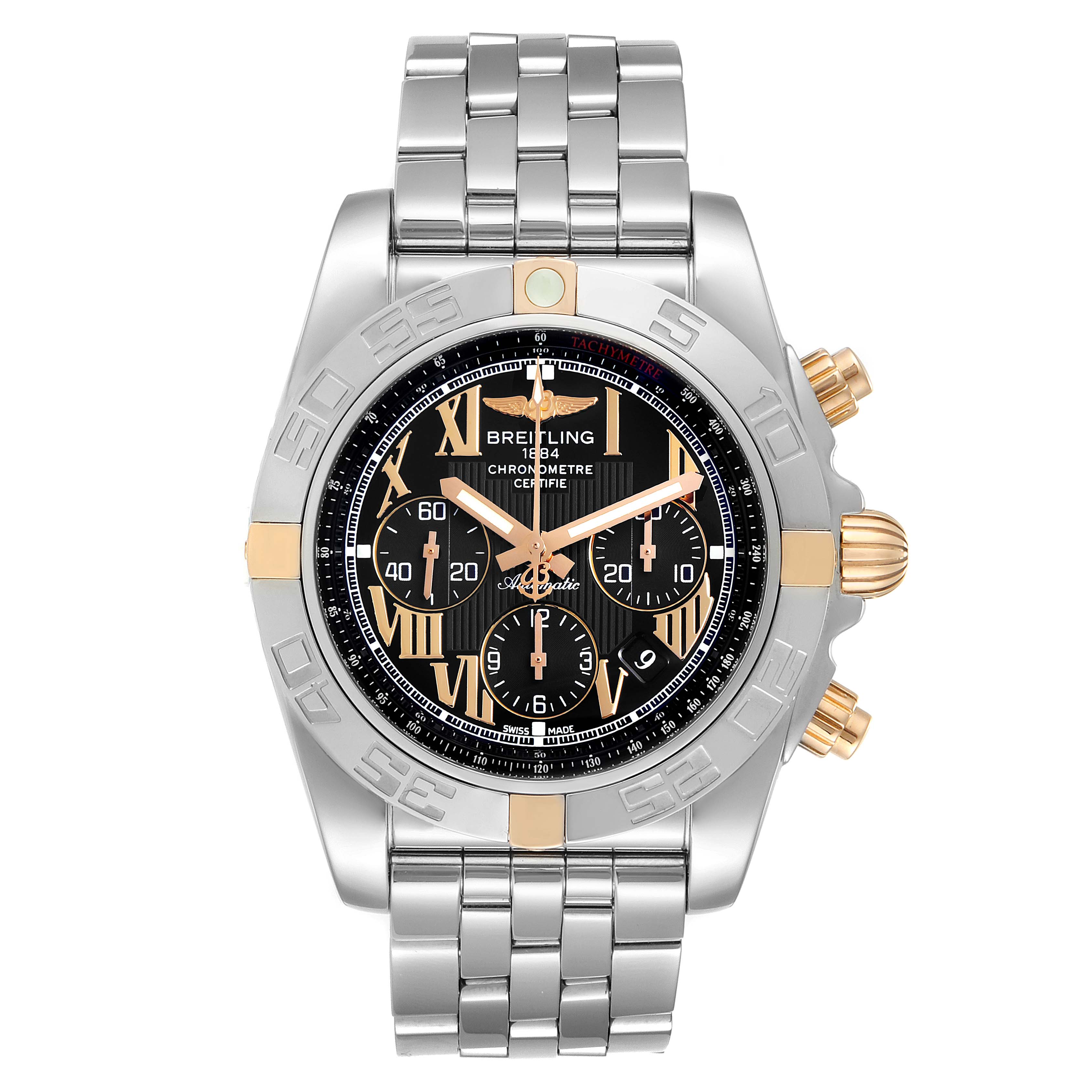 The image shows a front view of the Breitling Chronomat IB0110 Men's Stainless Steel Black Dial IB0110 Men's Stainless Steel Black Dial watch, highlighting the face, bezel, buttons, and bracelet.