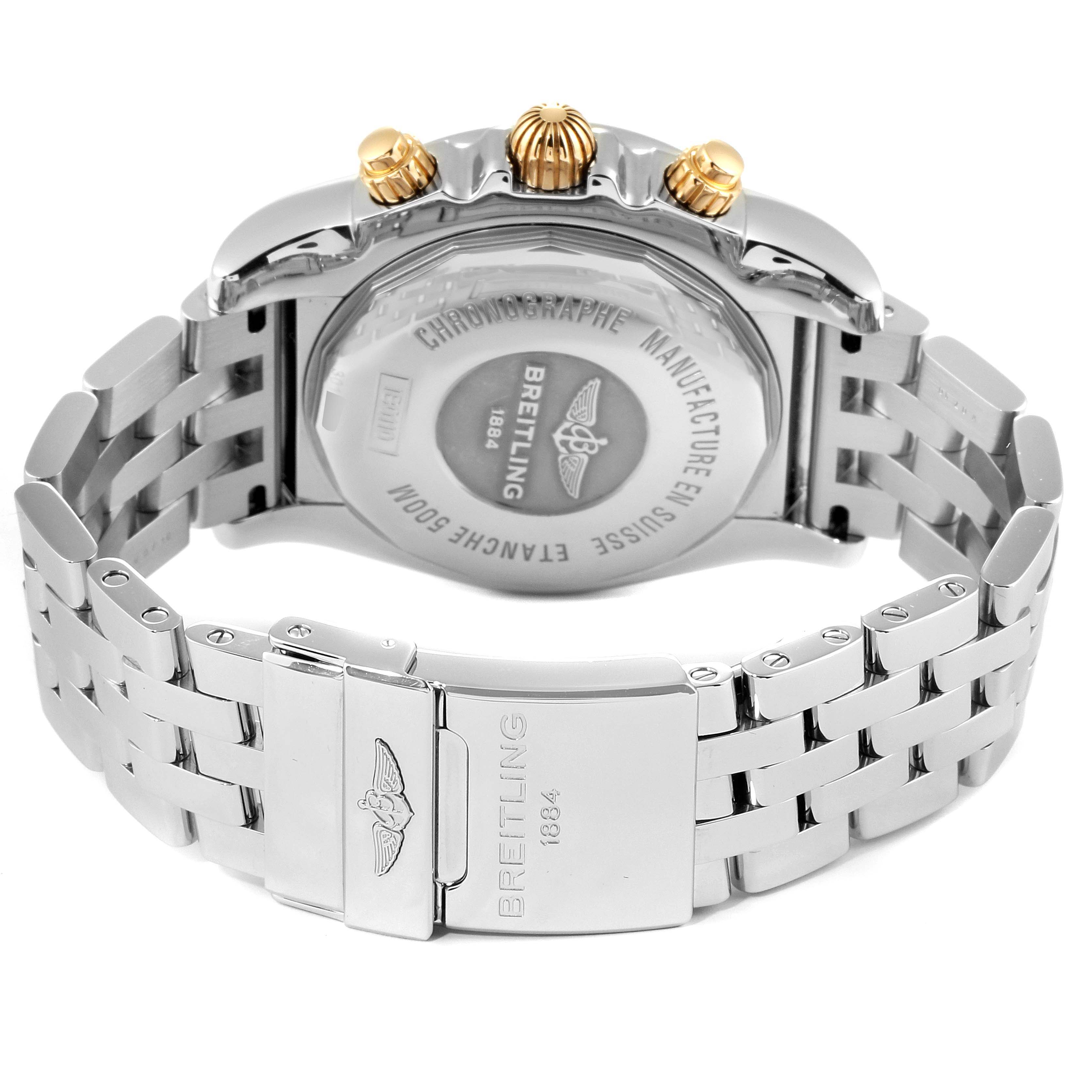 The image shows the back case and stainless steel bracelet of the Breitling Chronomat IB0110 Men's Stainless Steel Black Dial IB0110 Men's Stainless Steel Black Dial watch, highlighting the clasp and crown.