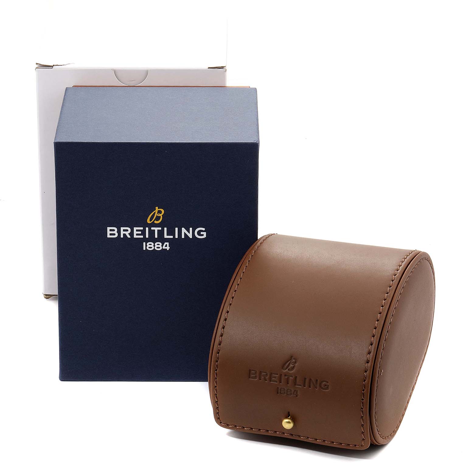The image shows the packaging and leather case for a Breitling Chronomat IB0110 Men's Stainless Steel Black Dial IB0110 Men's Stainless Steel Black Dial watch, viewed from the front.