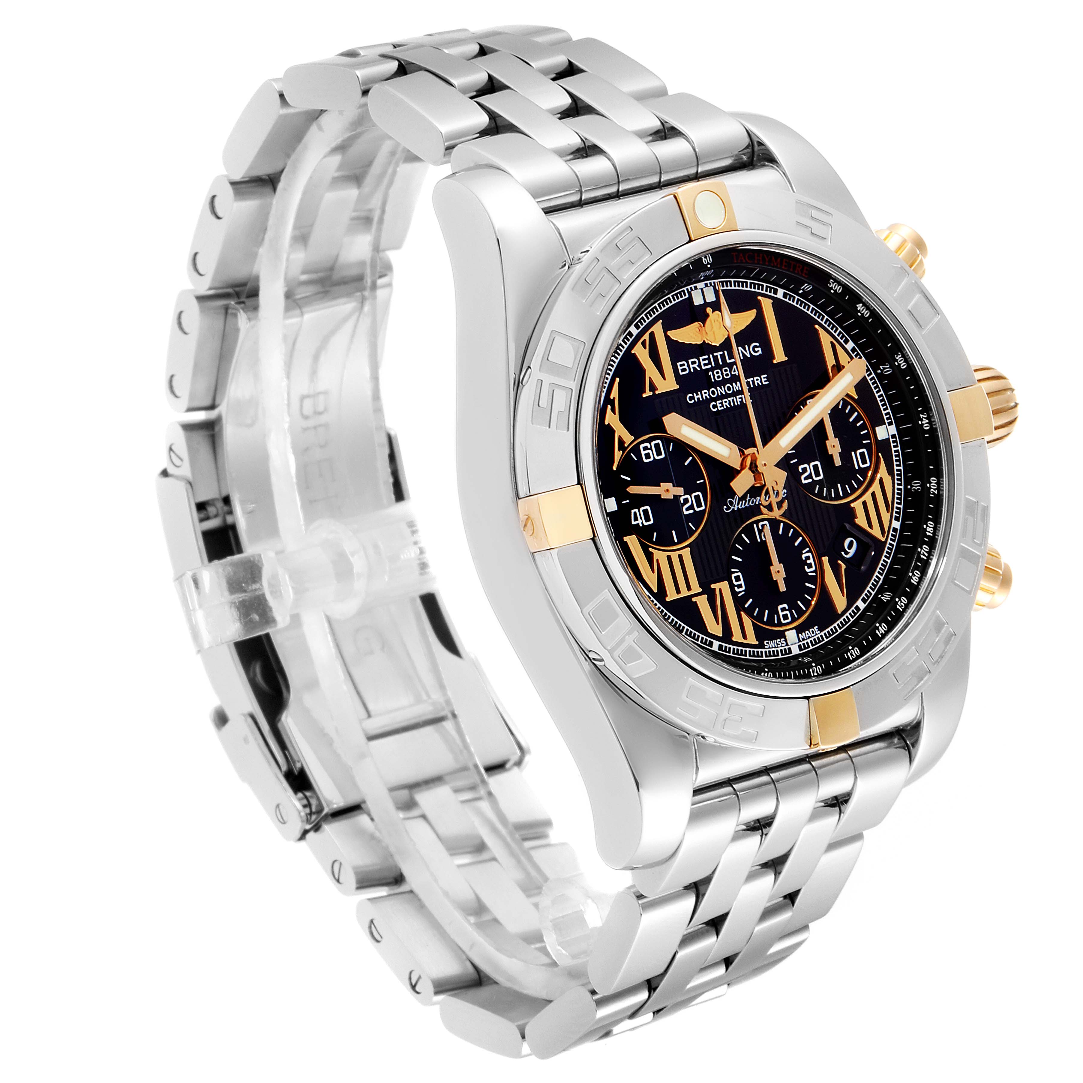 The Breitling Chronomat IB0110 Men's Stainless Steel Black Dial IB0110 Men's Stainless Steel Black Dial watch is shown at a three-quarter angle, highlighting the watch face, bracelet, and side buttons.