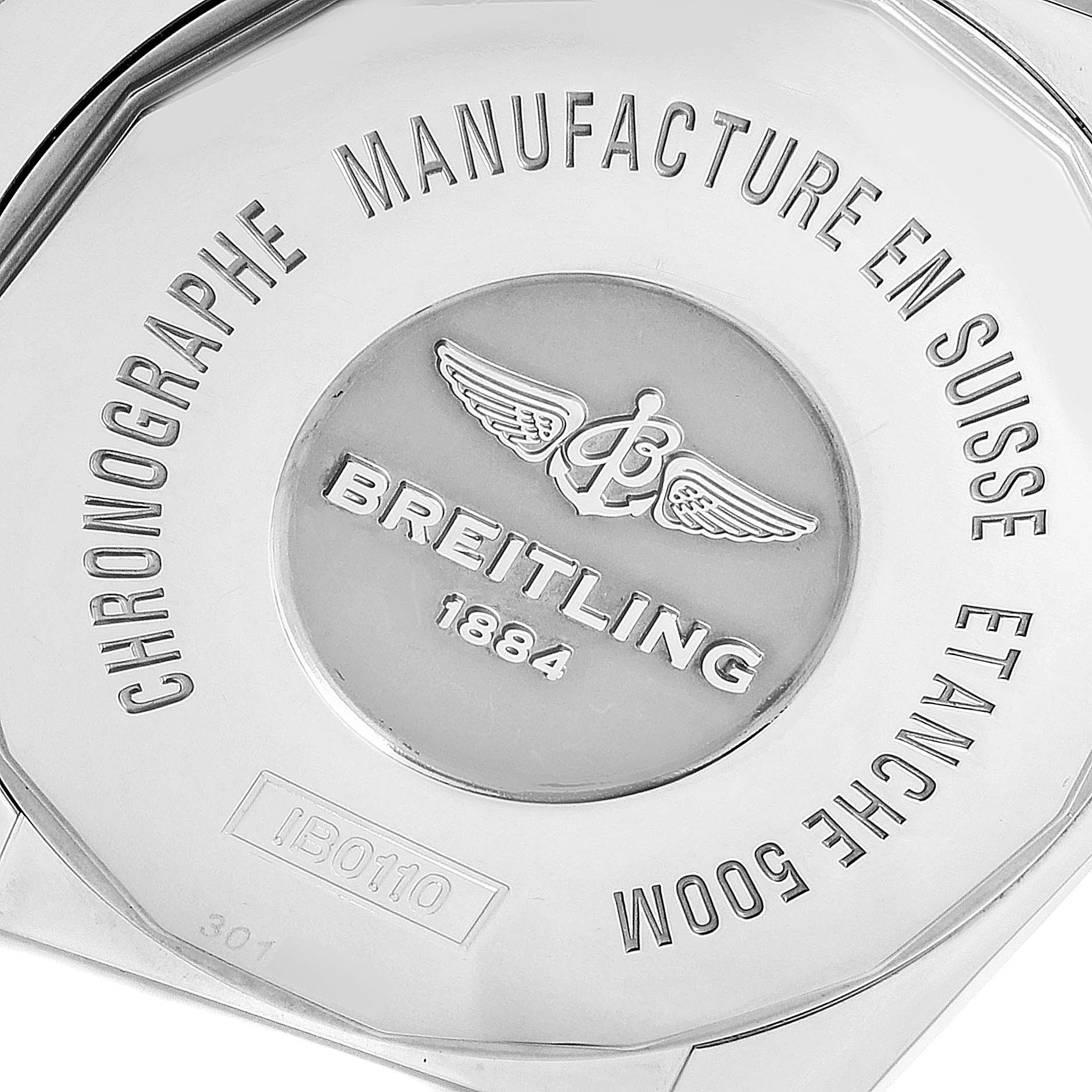 This image shows the case back of the Breitling Chronomat IB0110 Men's Stainless Steel Black Dial IB0110 Men's Stainless Steel Black Dial watch, highlighting the brand's logo and specifications.