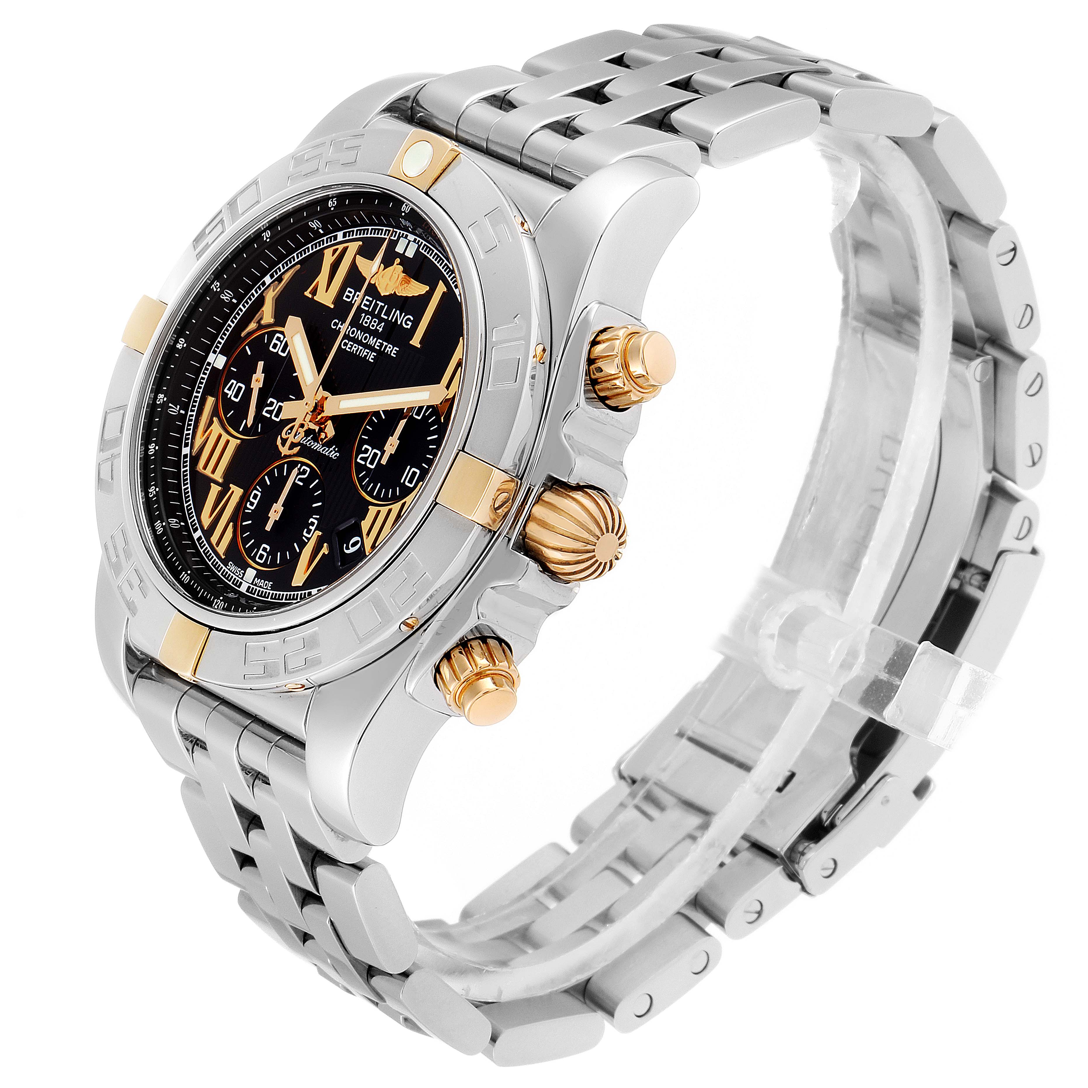 This image shows a side view of a Breitling Chronomat IB0110 Men's Stainless Steel Black Dial IB0110 Men's Stainless Steel Black Dial watch, highlighting its metal bracelet, dial, and three crown parts.