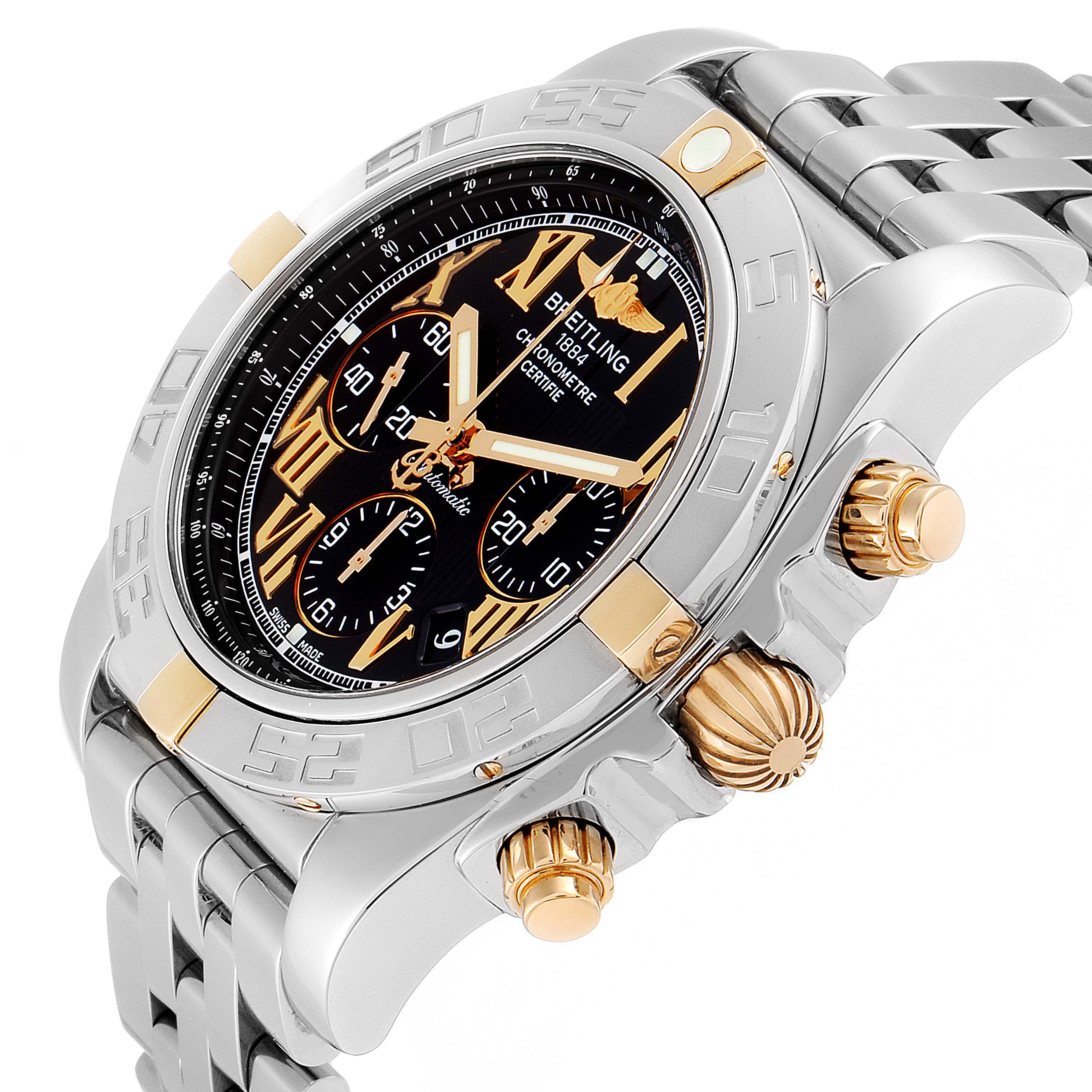 The Breitling Chronomat IB0110 Men's Stainless Steel Black Dial IB0110 Men's Stainless Steel Black Dial watch is shown at a slightly tilted angle, displaying the dial, bezel, crown, pushers, and part of the bracelet.