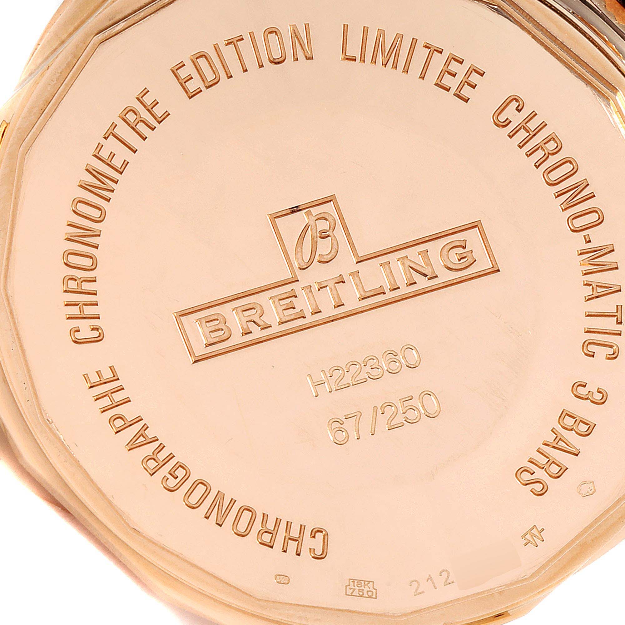 The image shows the back case of a Breitling Chronomatic H22360 Men's Rose Gold Black Dial H22360 Men's Rose Gold Black Dial watch from a close-up angle, detailing its limited edition information.
