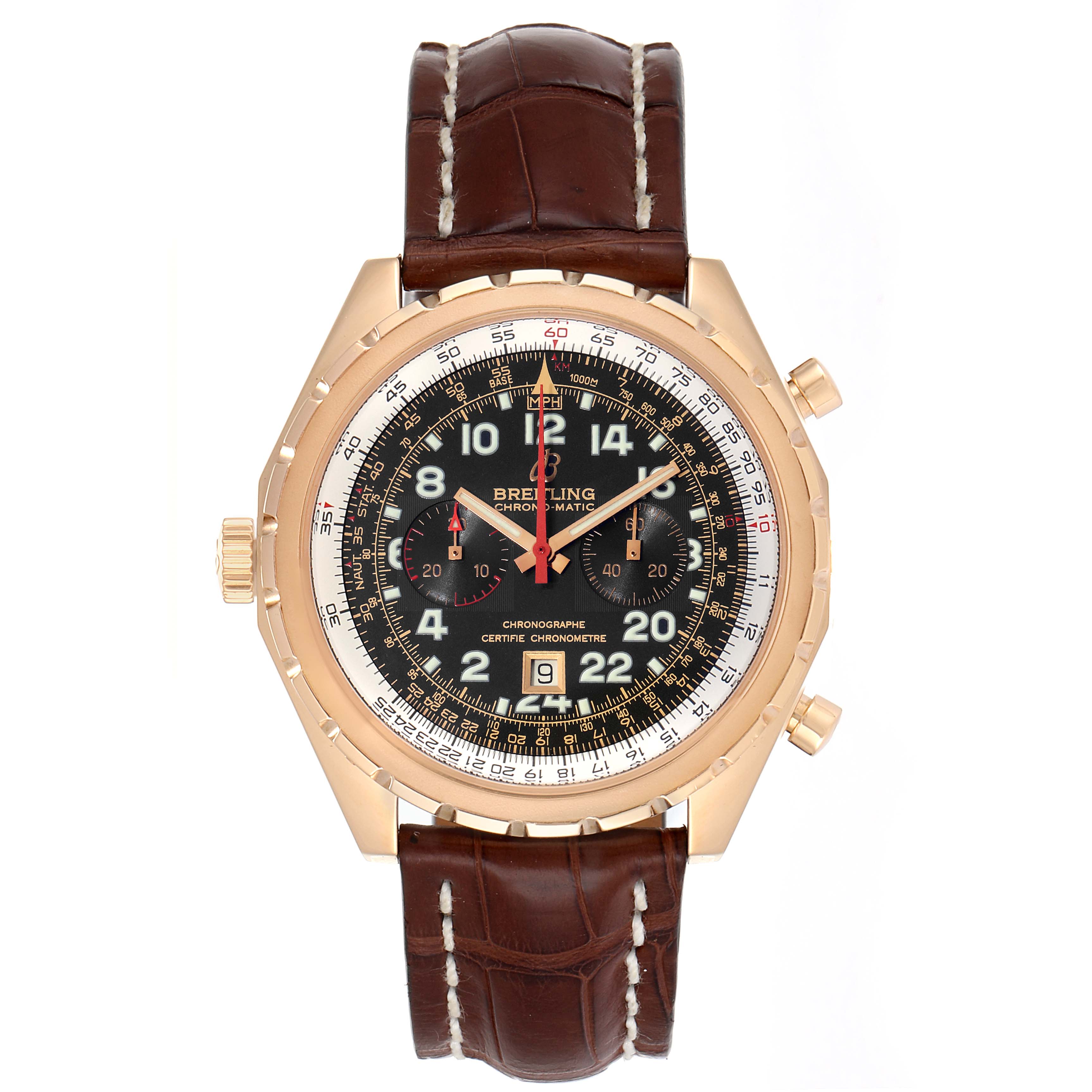 The image shows a front view of the Breitling Chronomatic H22360 Men's Rose Gold Black Dial H22360 Men's Rose Gold Black Dial watch, featuring its dial, bezel, case, and leather strap.