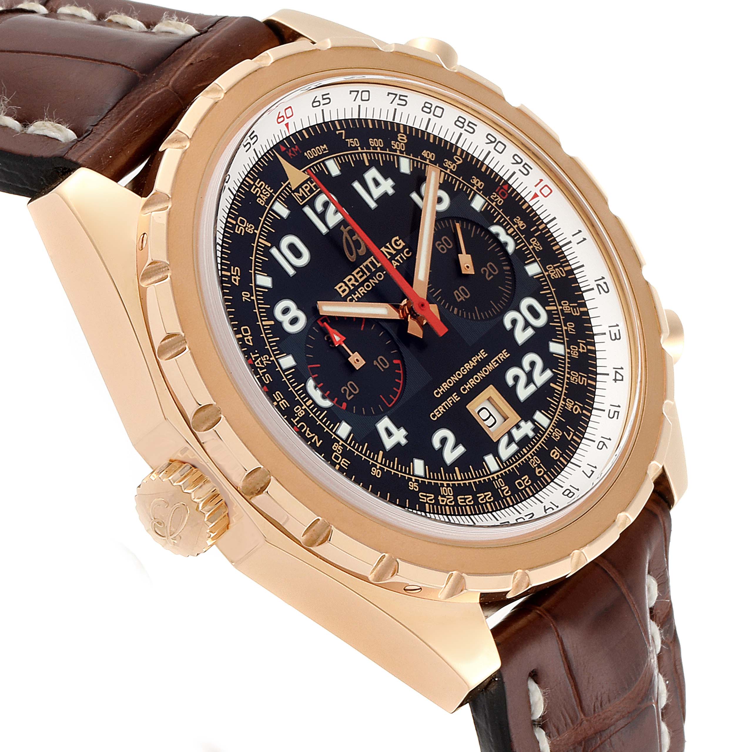 The image shows a Breitling Chronomatic H22360 Men's Rose Gold Black Dial H22360 Men's Rose Gold Black Dial watch from a side angle, highlighting the dial, bezel, crown, and leather strap.