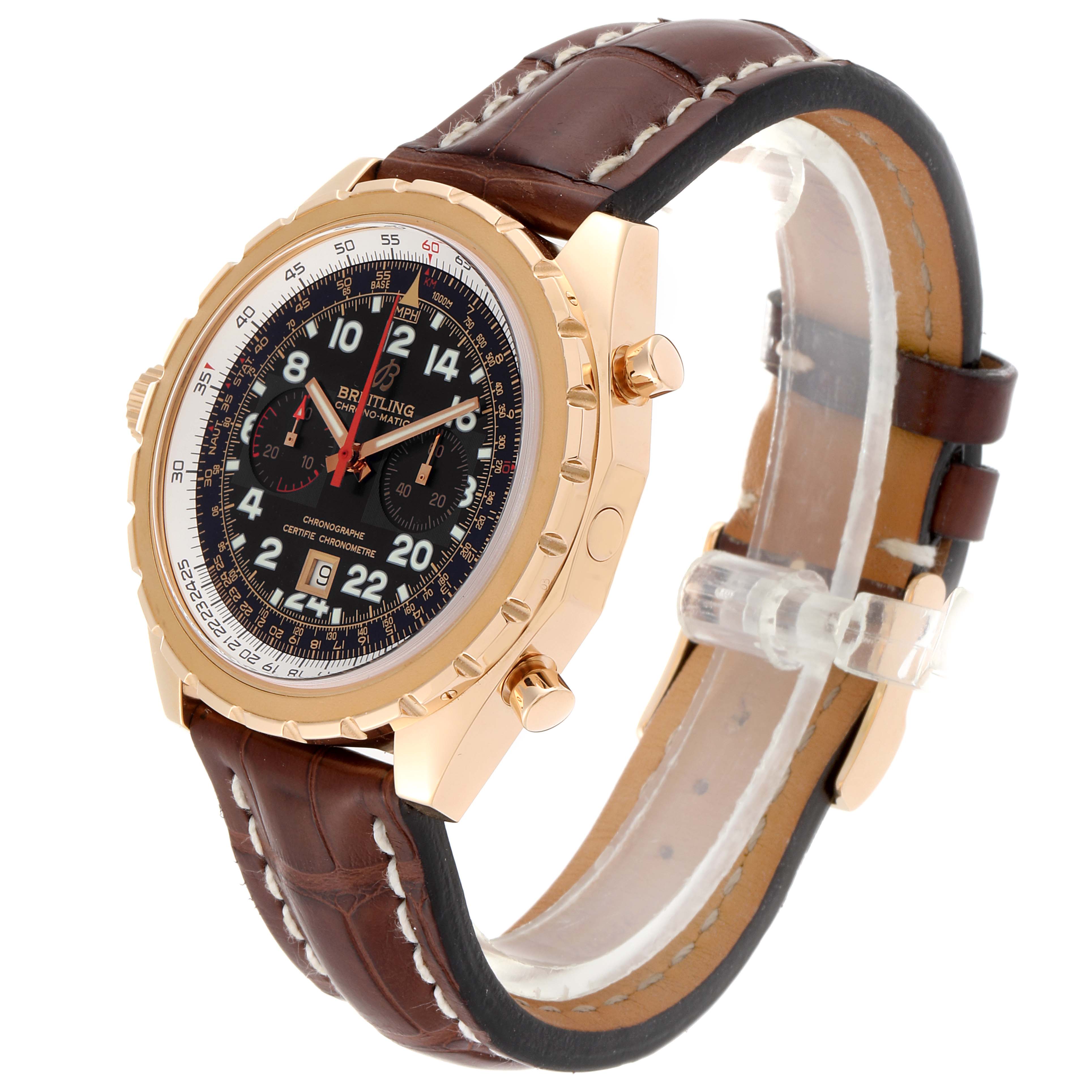 The image shows a Breitling Chronomatic H22360 Men's Rose Gold Black Dial H22360 Men's Rose Gold Black Dial watch at a three-quarter angle, highlighting its brown leather strap and rose gold casing.