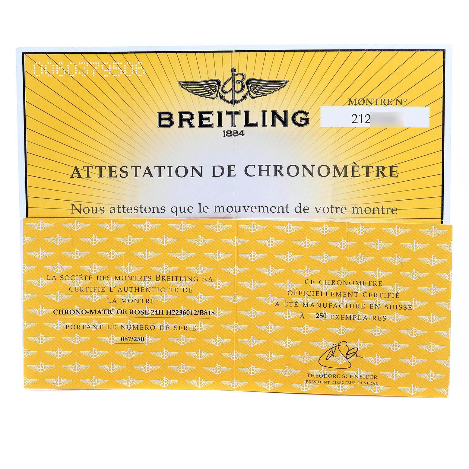 The image shows Breitling Chronomatic H22360 Men's Rose Gold Black Dial H22360 Men's Rose Gold Black Dial model's chronometer certificate and authenticity paperwork.