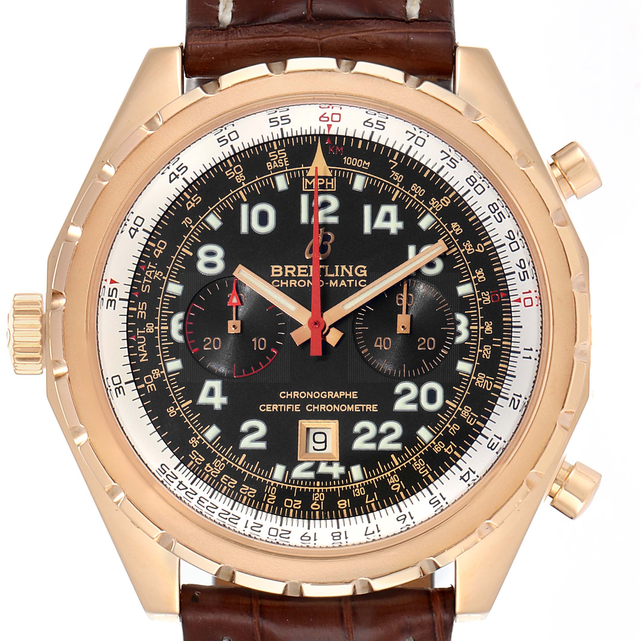 The image shows a frontal view of a Breitling Chronomatic H22360 Men's Rose Gold Black Dial H22360 Men's Rose Gold Black Dial watch, featuring its dial, bezel, crown, and leather strap.