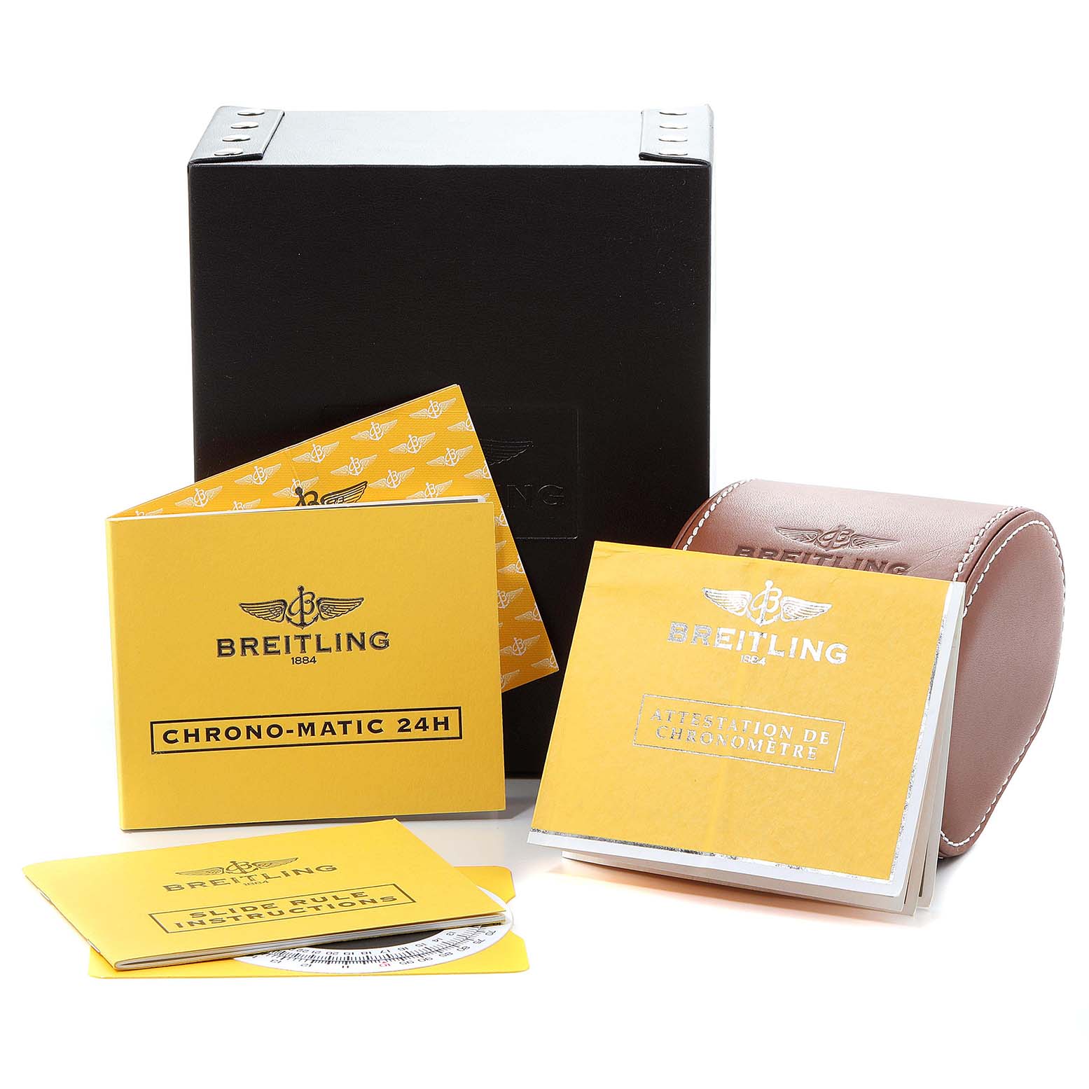 This image shows the box and manuals for the Breitling Chronomatic H22360 Men's Rose Gold Black Dial H22360 Men's Rose Gold Black Dial model from a front angle.