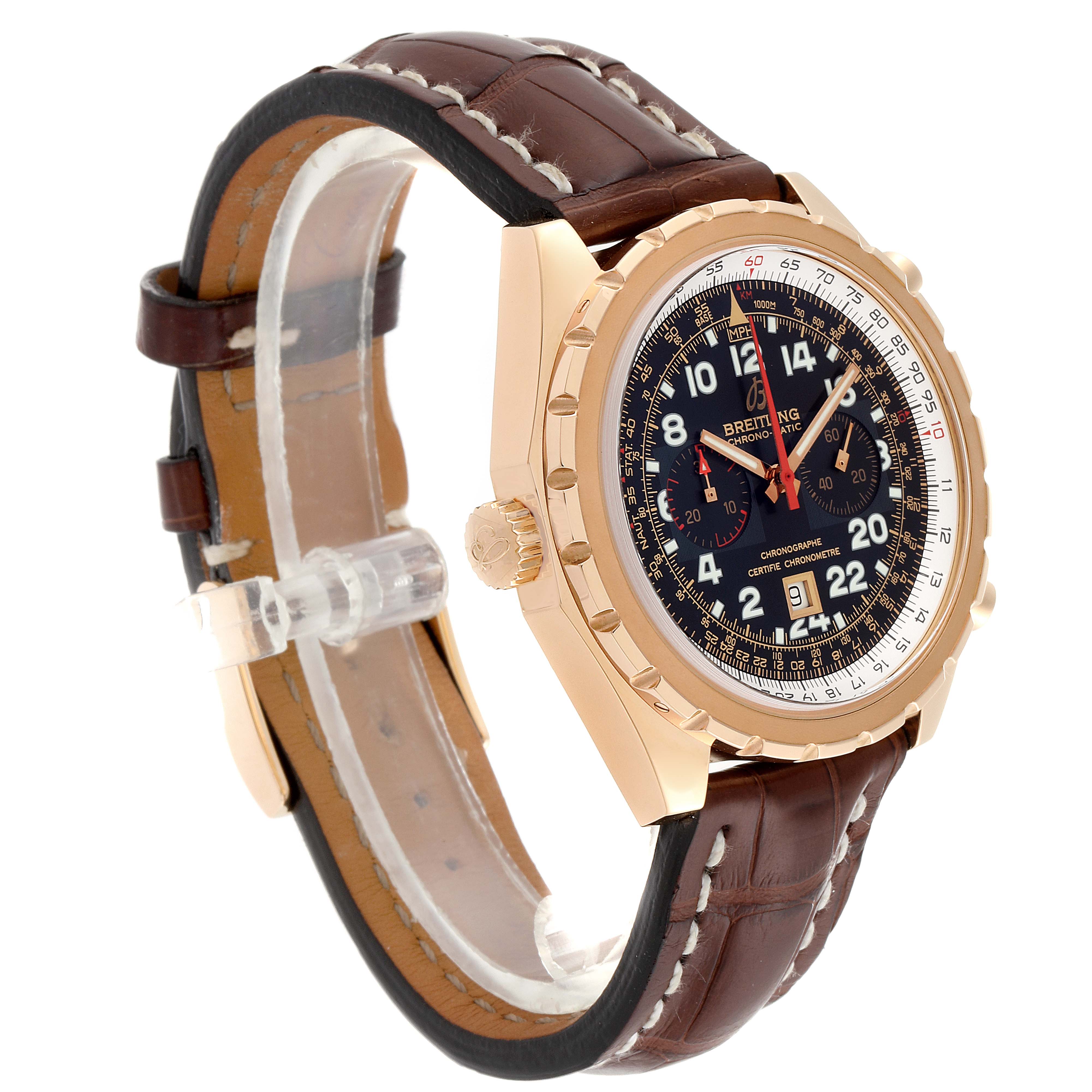 The Breitling Chronomatic H22360 Men's Rose Gold Black Dial H22360 Men's Rose Gold Black Dial watch is shown at a three-quarter angle, highlighting its face, bezel, crown, and leather strap.