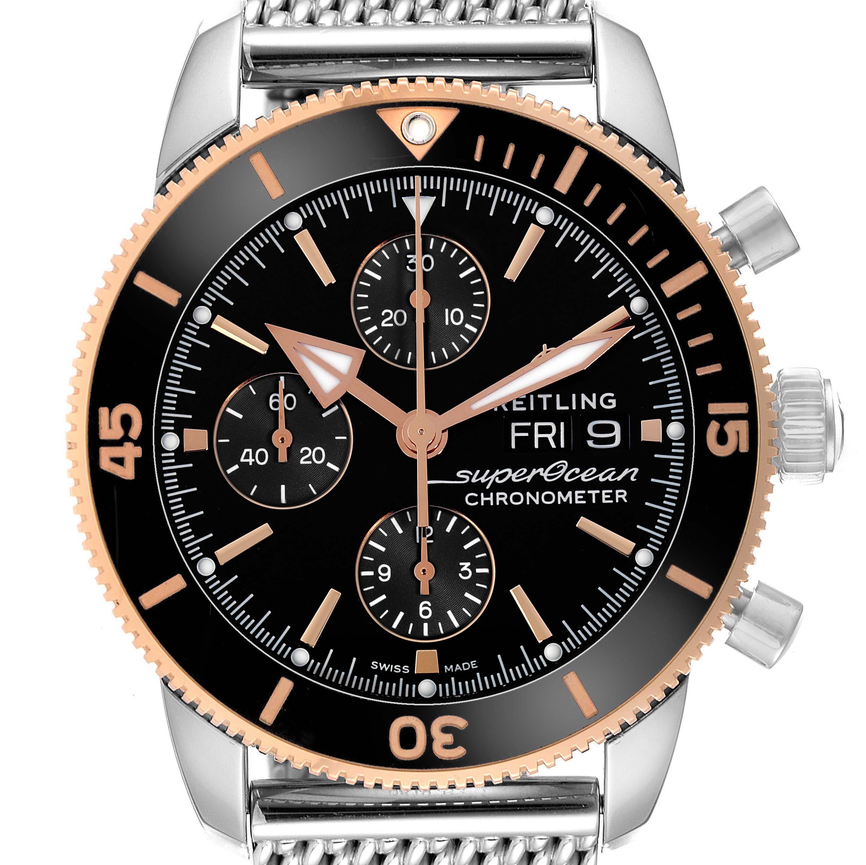 The Breitling Superocean U13313 Men
s Stainless Steel Black Dial watch is shown from the front, displaying its dial, bezel, and pushers.