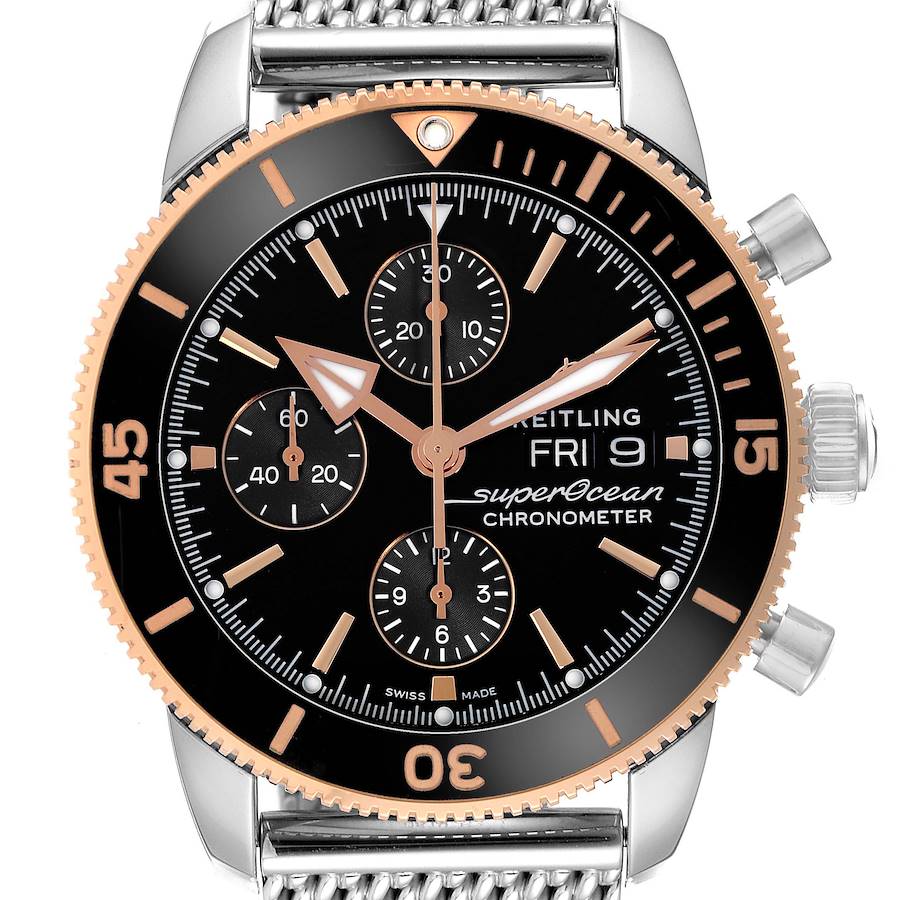 The Breitling Superocean U13313 Men's Stainless Steel Black Dial watch is shown from the front, displaying its dial, bezel, and pushers.