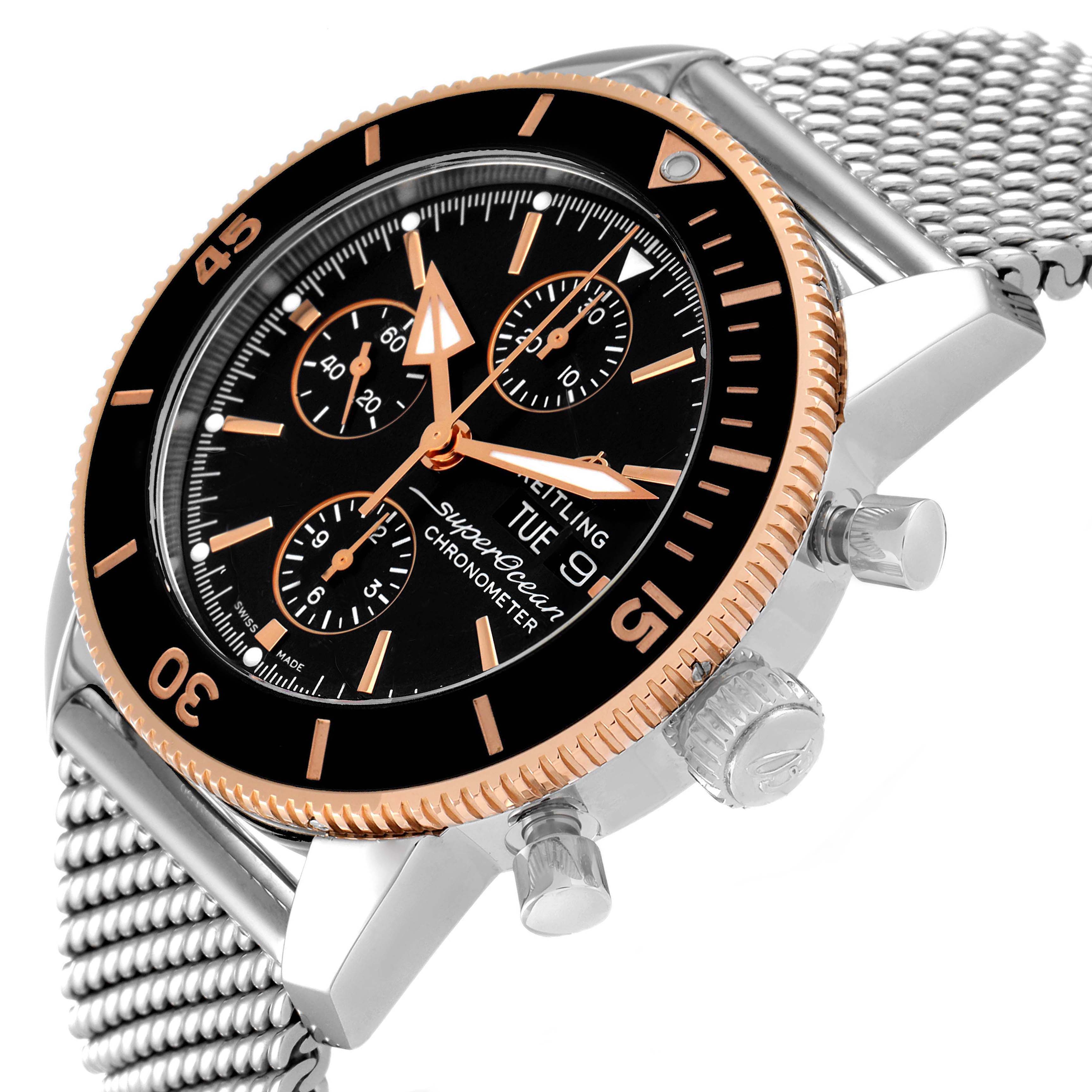 The Breitling Superocean U13313 Men
s Stainless Steel Black Dial watch is shown from a three-quarter angle, highlighting the bezel, dial, crown, and mesh strap.