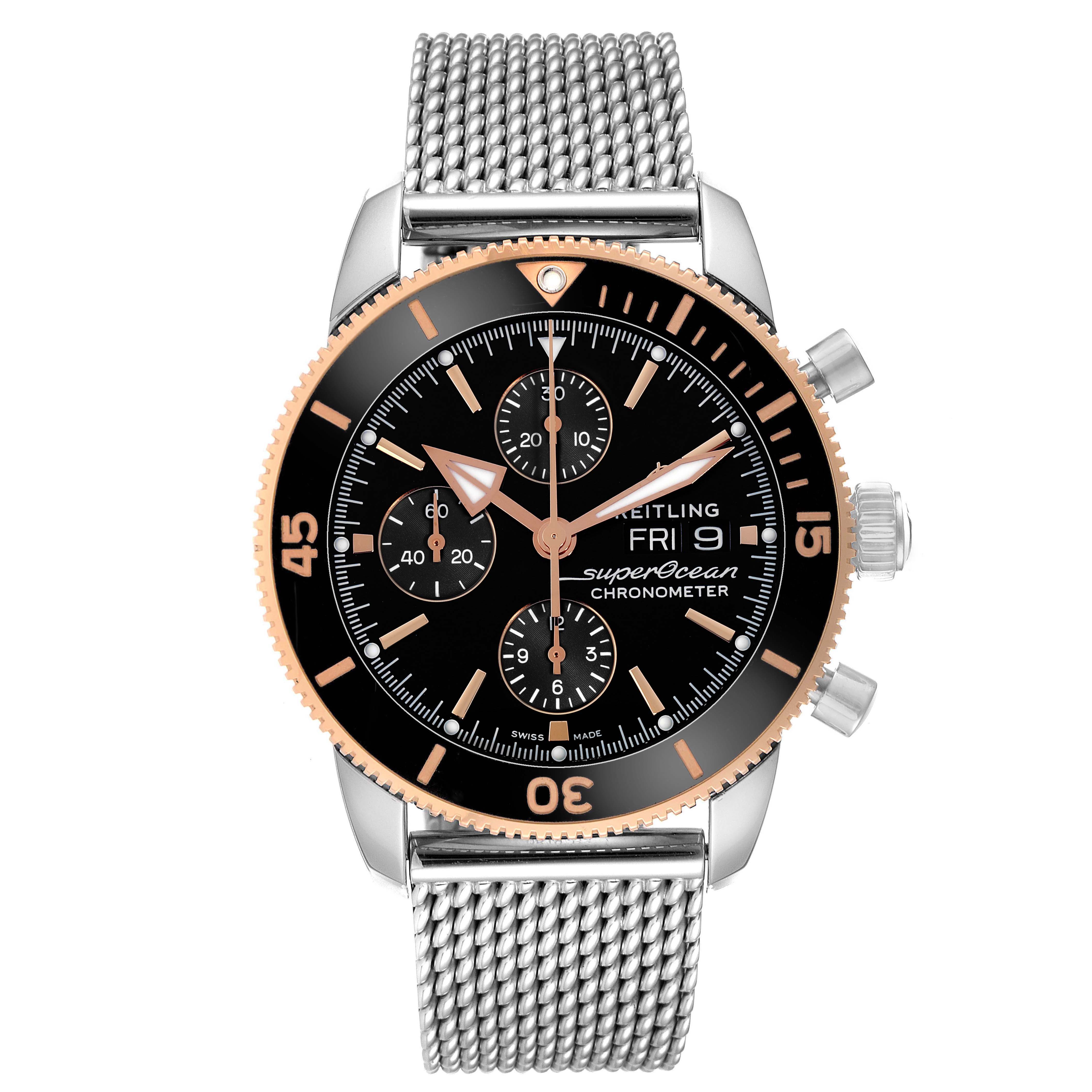 The Breitling Superocean U13313 Men
s Stainless Steel Black Dial watch is shown from a front angle, highlighting its dial, bezel, chronograph subdials, and mesh bracelet.