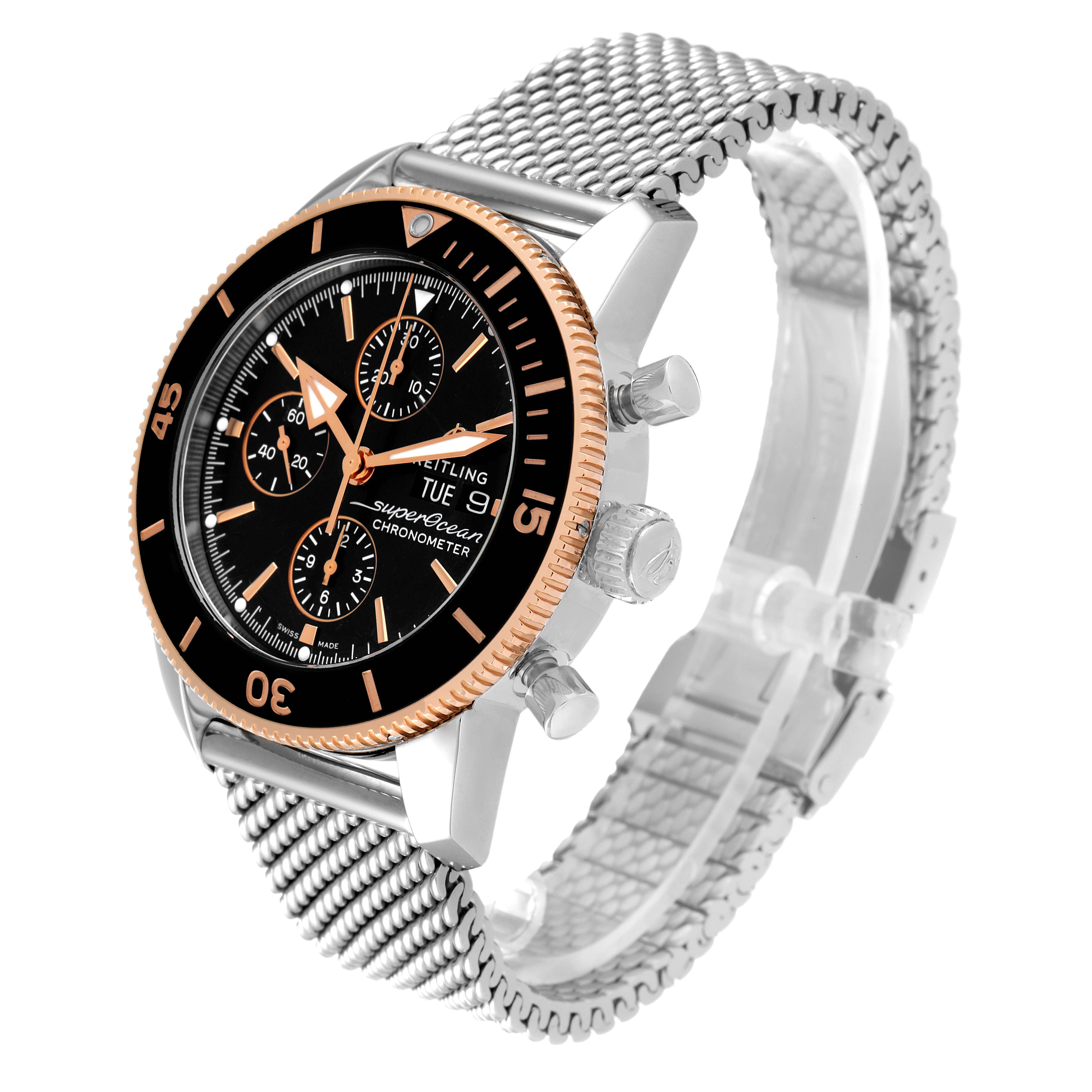 The Breitling Superocean U13313 Men
s Stainless Steel Black Dial watch is shown at an angled view, highlighting the face, bezel, crown, pushers, and mesh strap.