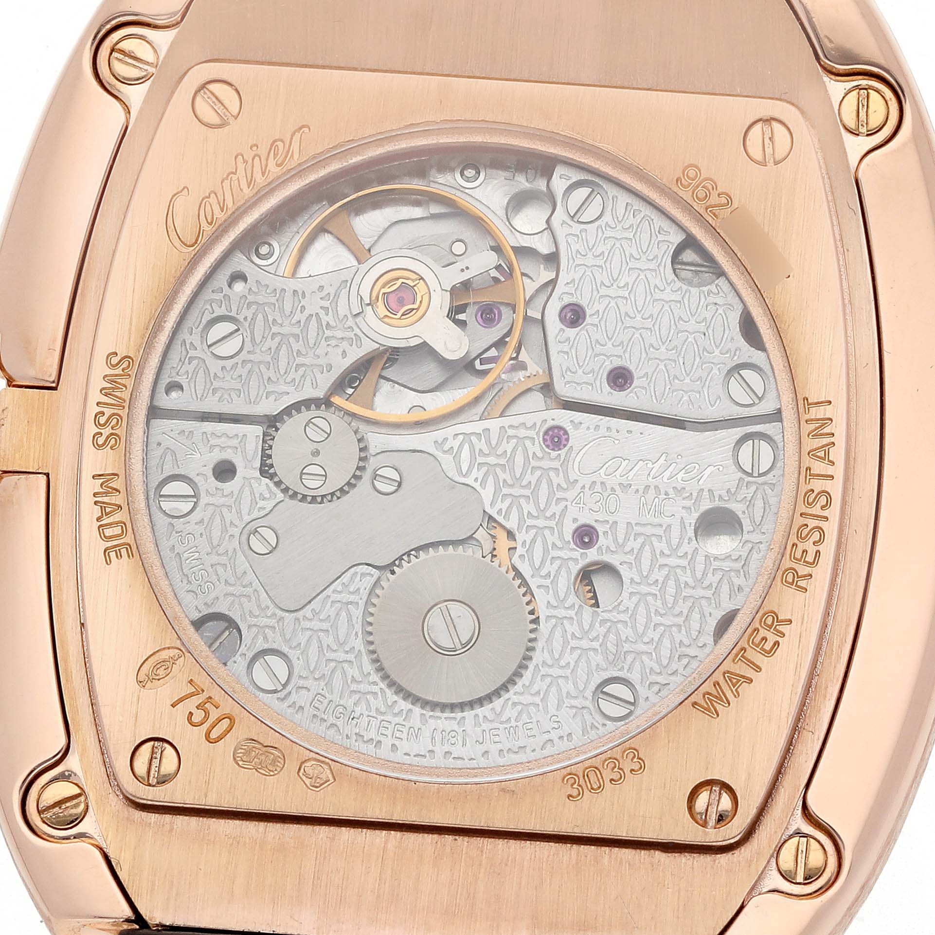 The image shows the back of a Cartier Baignoire W852000002 Women
s Rose Gold Silver Dial watch, highlighting its movement and engravings.