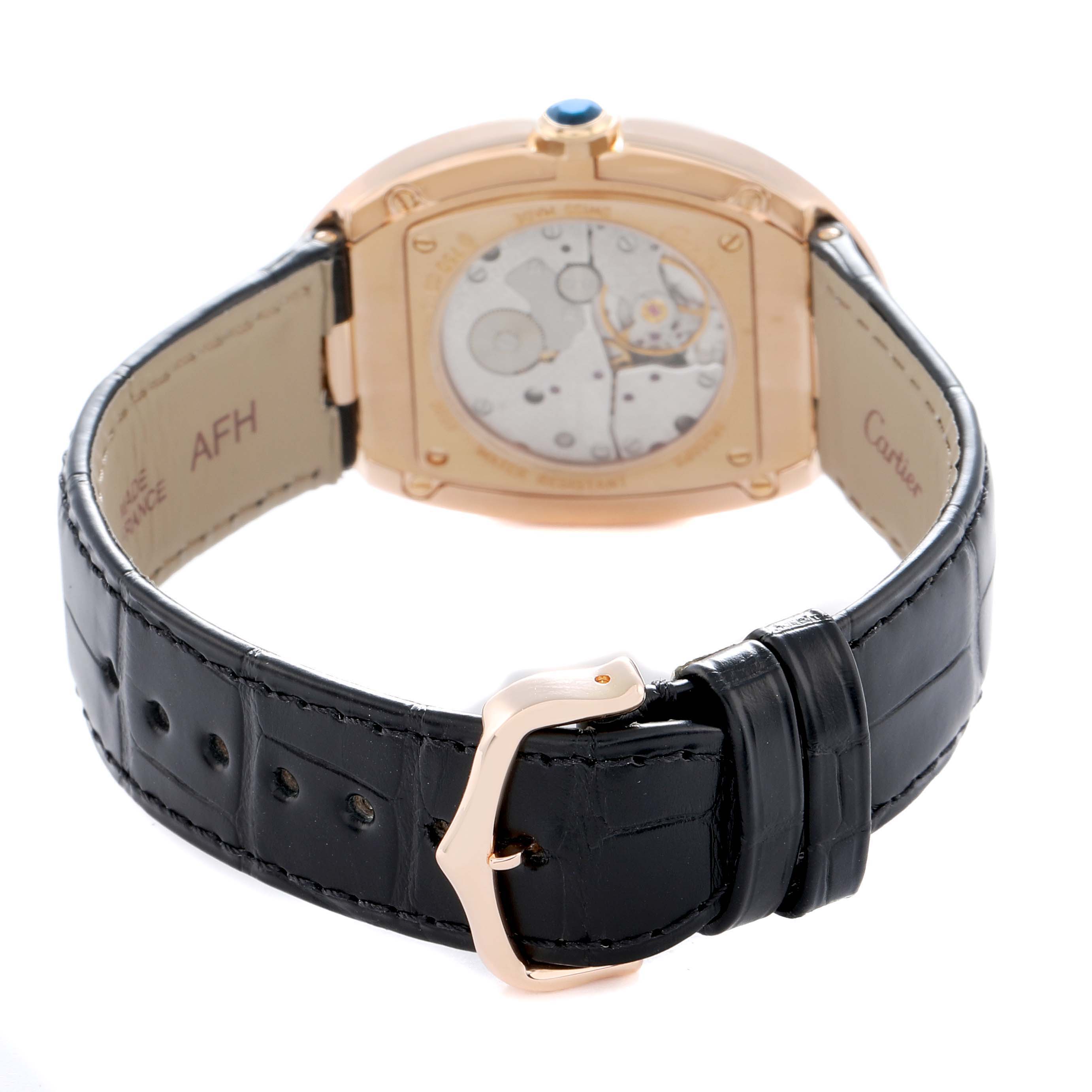 The Cartier Baignoire W852000002 Women
s Rose Gold Silver Dial watch is shown from the back, highlighting its open case back, strap, and buckle.