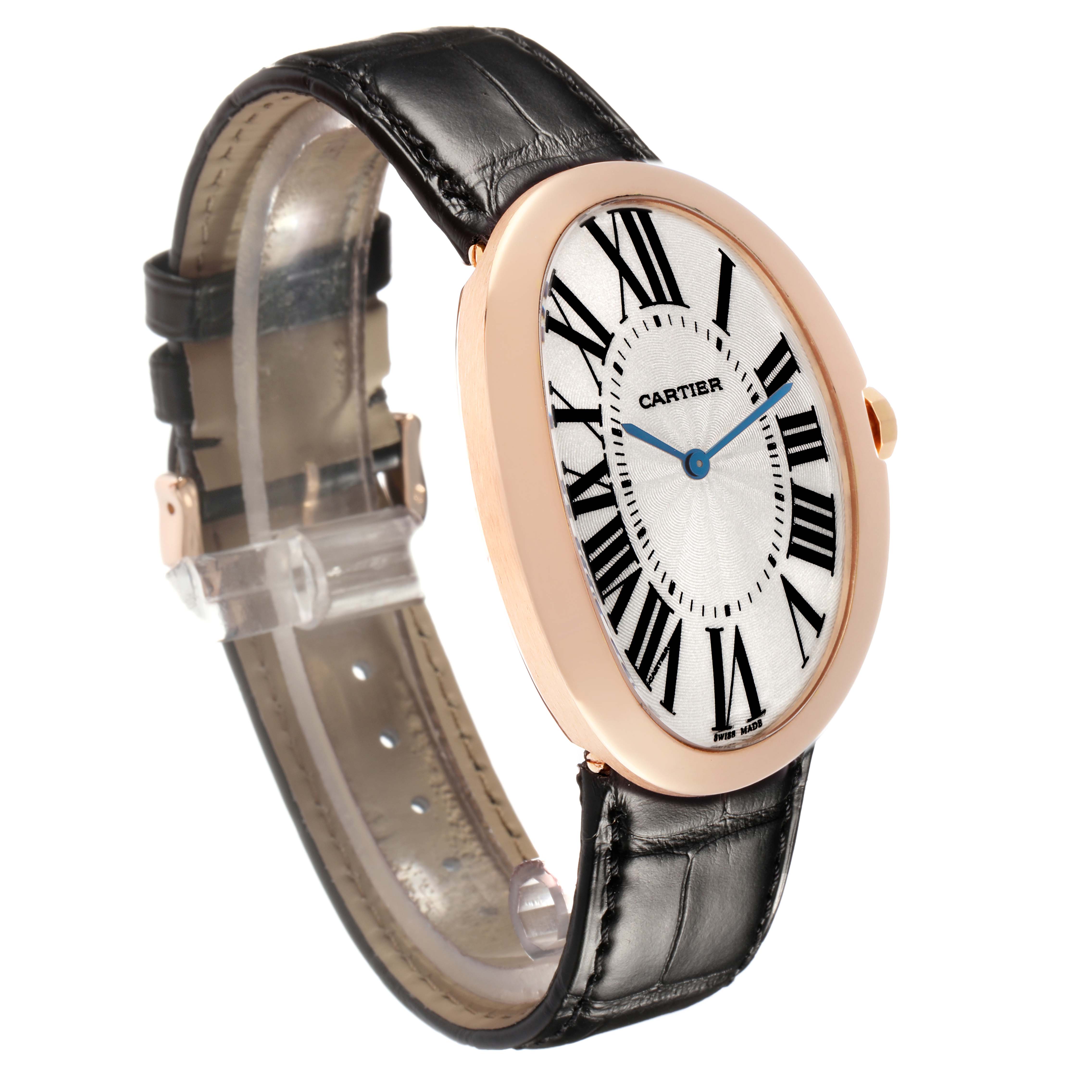 The Cartier Baignoire W852000002 Women
s Rose Gold Silver Dial watch is shown at a slight side angle, highlighting its oval face, Roman numerals, and black leather strap.
